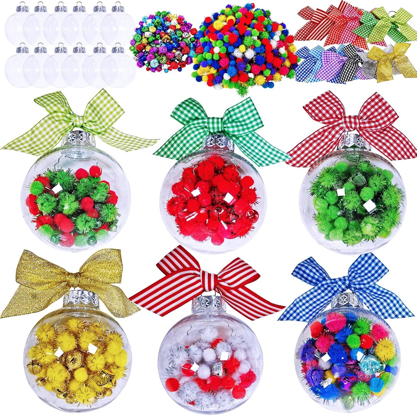 12 Sets Christmas Bulb Ornament Balls Clear Plastic Glass Ball Craft Kit Bauble Ornaments Fillable Unbreakable Shatterproof Hanging Tree Ornaments Jingle Bells Pom-poms Bows for Holiday D&#xE9;cor