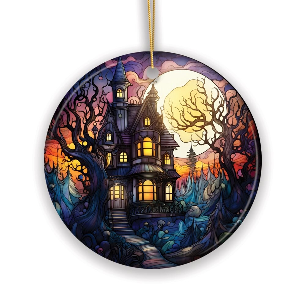 Haunted House Amidst Spooky Woods Stained Glass Style Ceramic Ornament, Halloween Themed Christmas Gift and Decor