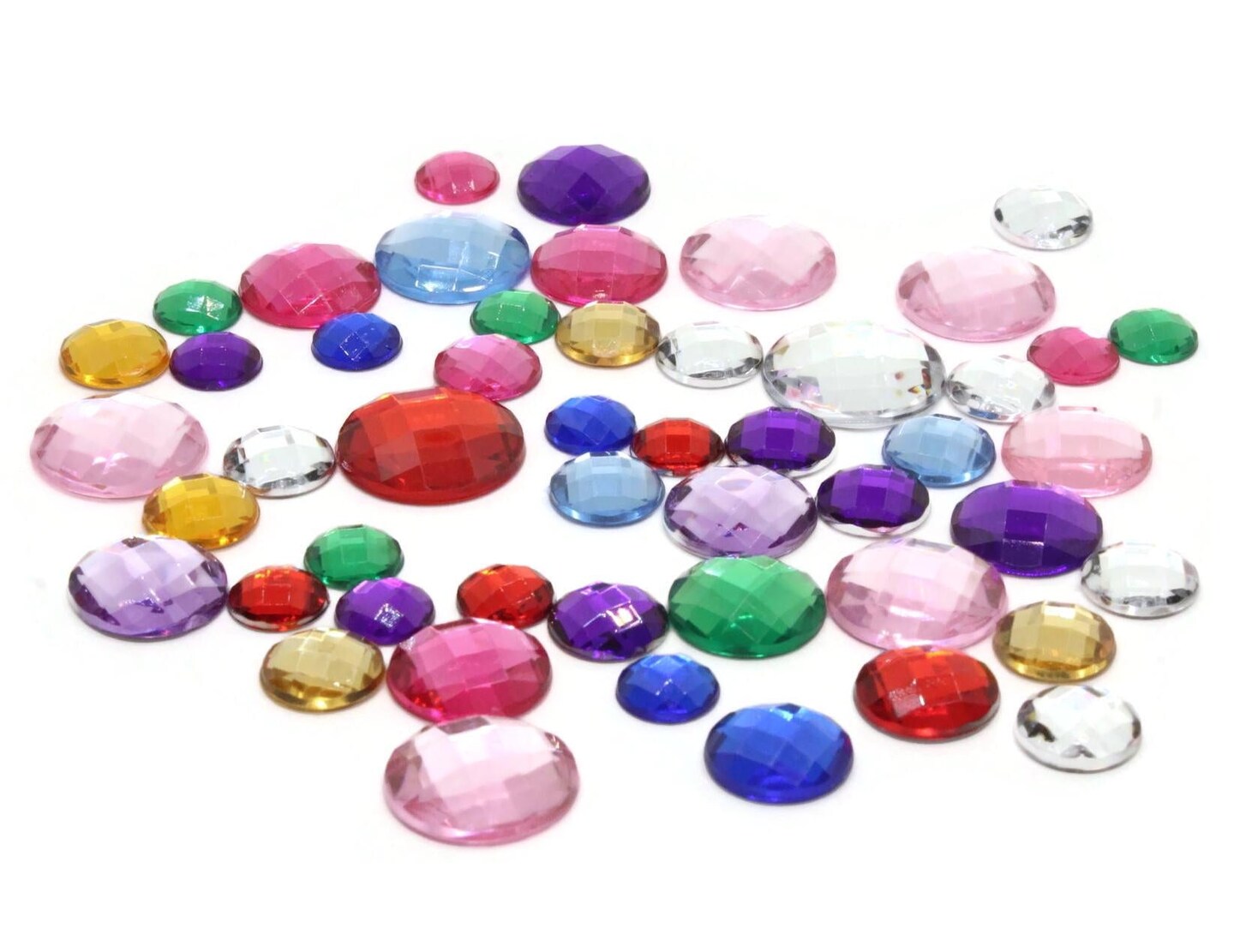 50 Mixed Size and Color Faceted Round Plastic Silver Foil Flatback Rhinestone Cabochons