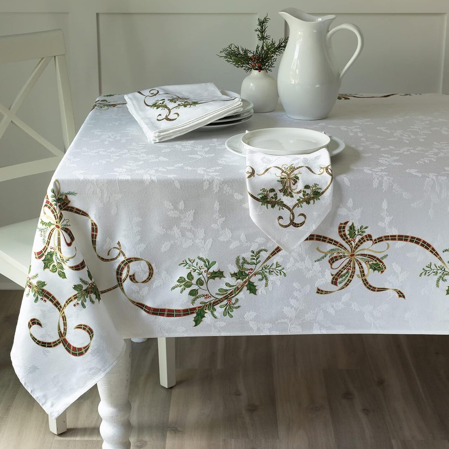 Merry Ribbons Engineered Printed Jacquard Fabric Christmas Table Cloth, Elegant Christmas Tablecloth for All Holiday and Winter (60" x 104" Rectangular, Merry Ribbons)