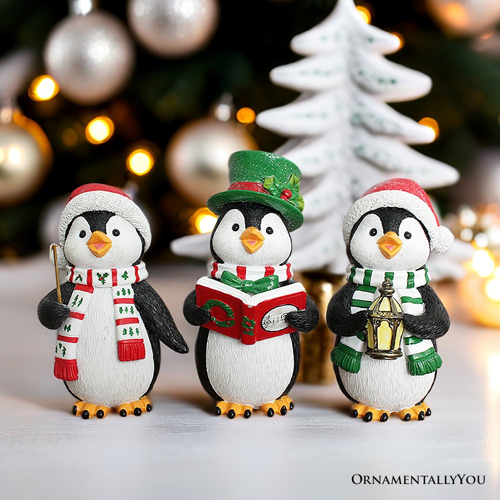 Caroling Penguin Trio Set of Christmas Figurines, 6&#x22; Winter Holiday Statue Set of Three