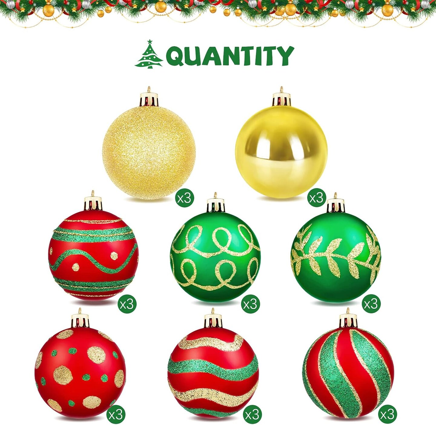 24 Pieces Christmas Ball Ornaments Painting &#x26; Glittering Christmas Tree Pendants Shatterproof Decorative Baubles in 8 Patterns for Christmas Tree Decorations, Red, Green, Gold