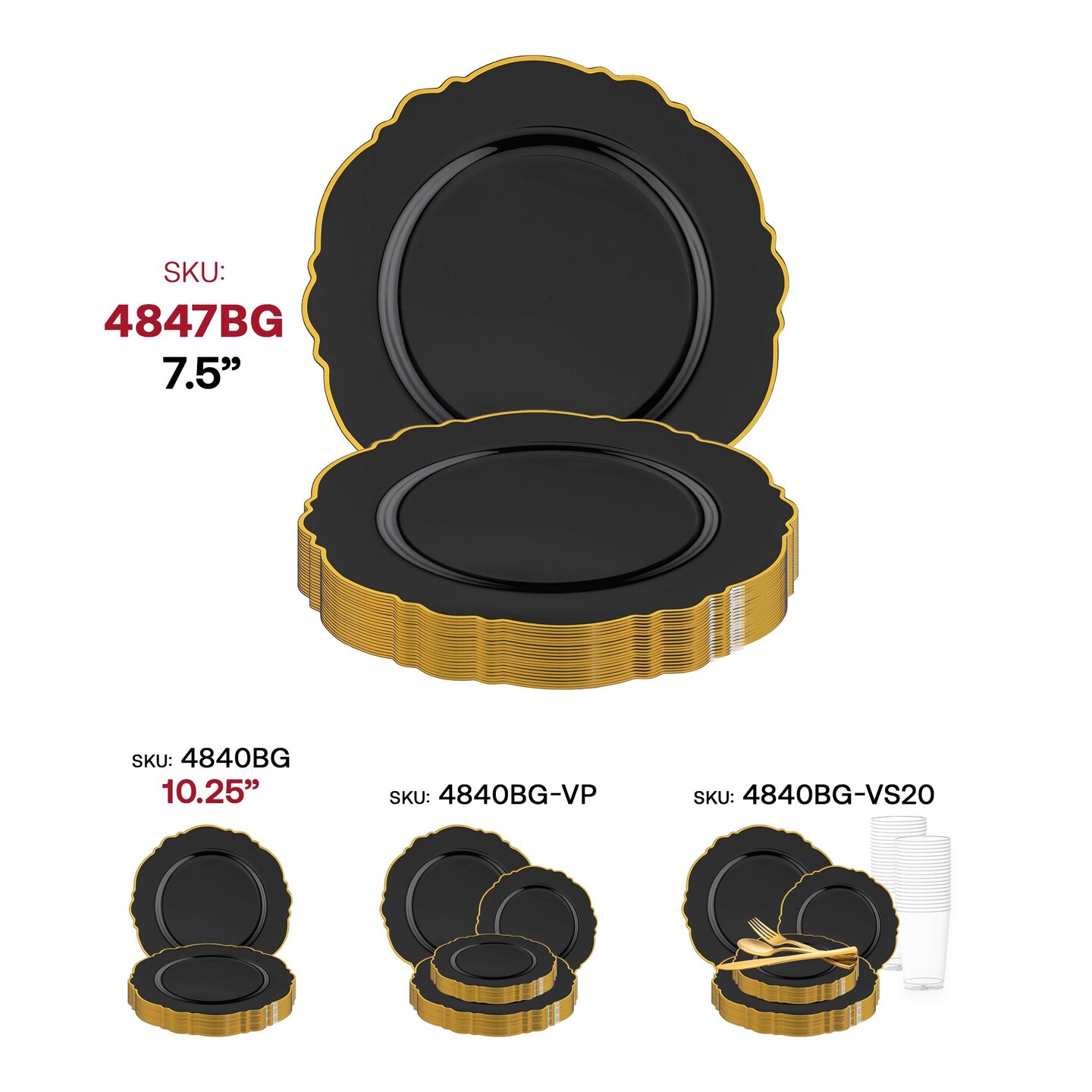 Black with Gold Rim Round Blossom Disposable Plastic Appetizer/Salad Plates - 7.5" (120 Plates)