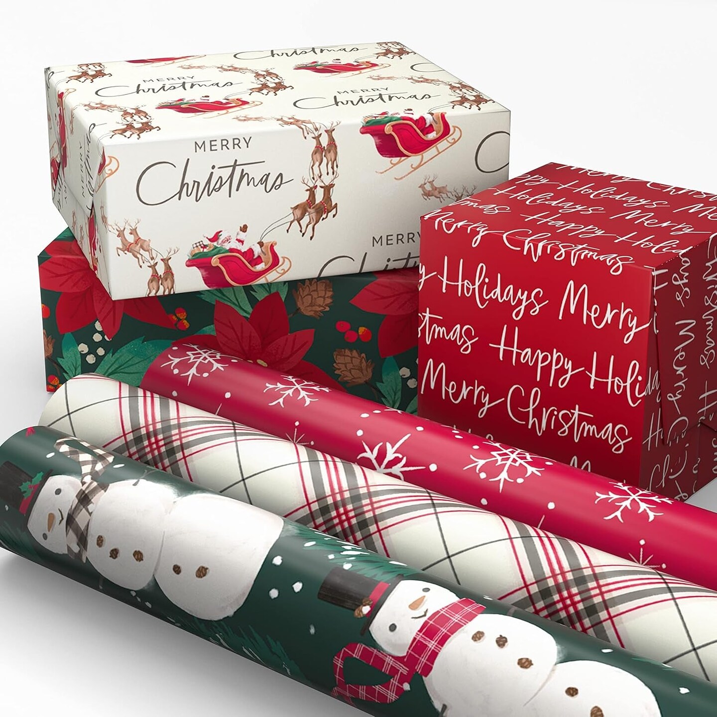 Rustic Recyclable Christmas Wrapping Paper (6 Rolls: 180 Sq. Ft. Total) Red, White and Hunter Green Plaid, Poinsettias, Snowflakes, &#x22;Merry Christmas,&#x22; Snowman, Santa