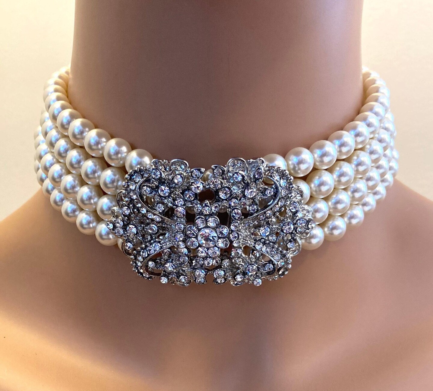 product name is Art Deco Choker 4 strands of crystal pearls with silver rhinestone focal cream ivory pearl choker Edwardian pearls wedding choker