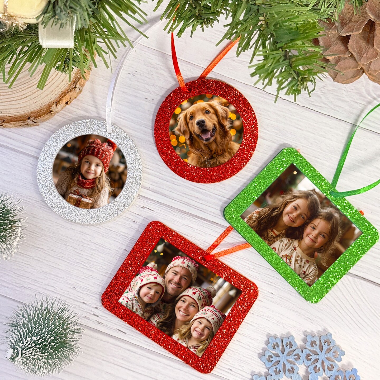 Wrapables Christmas Holiday Glittery Felt Photo Frame Ornaments (Set of 12), Red and Silver Circle