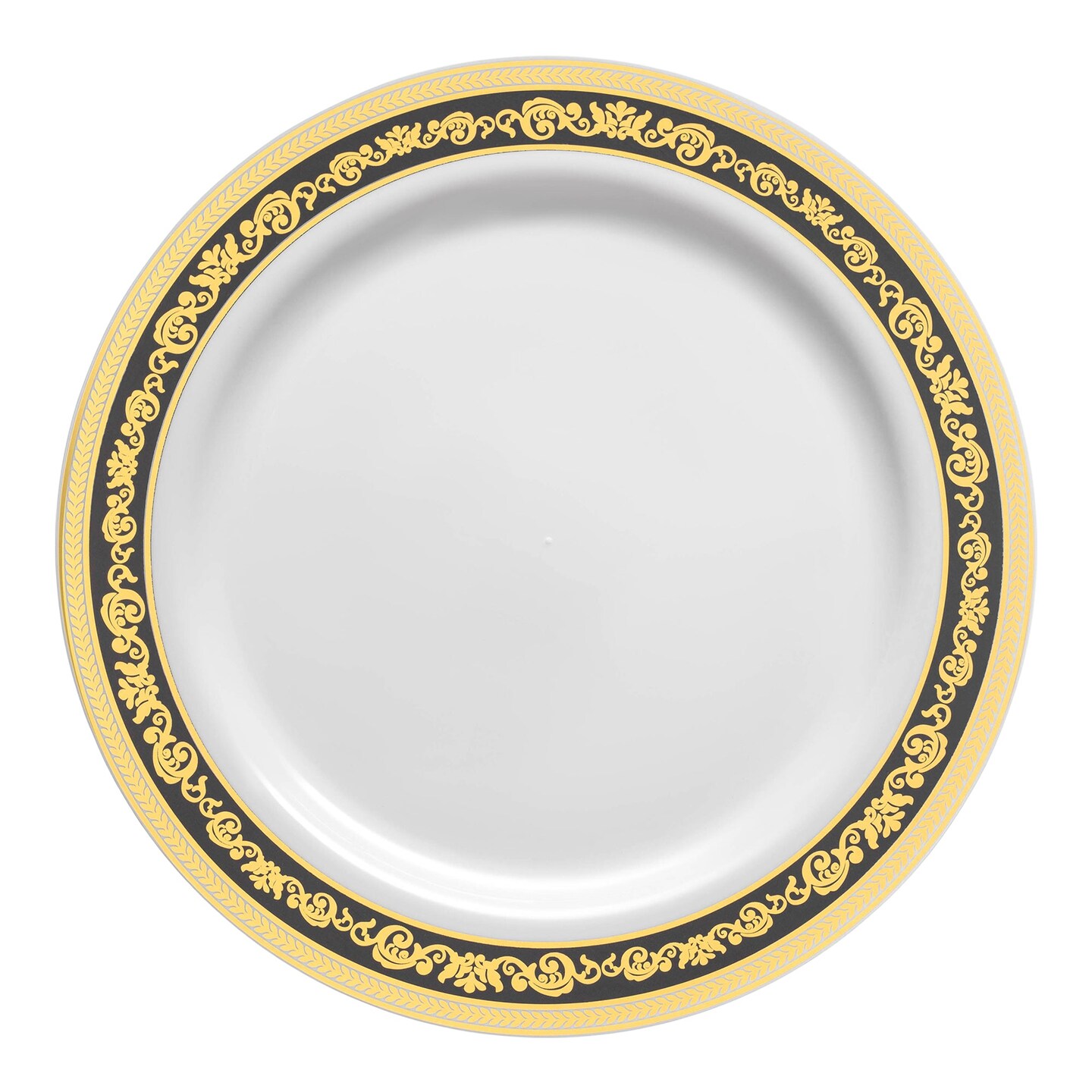 White with Black and Gold Royal Rim Plastic Dinner Plates - 10.25" (120 Plates)