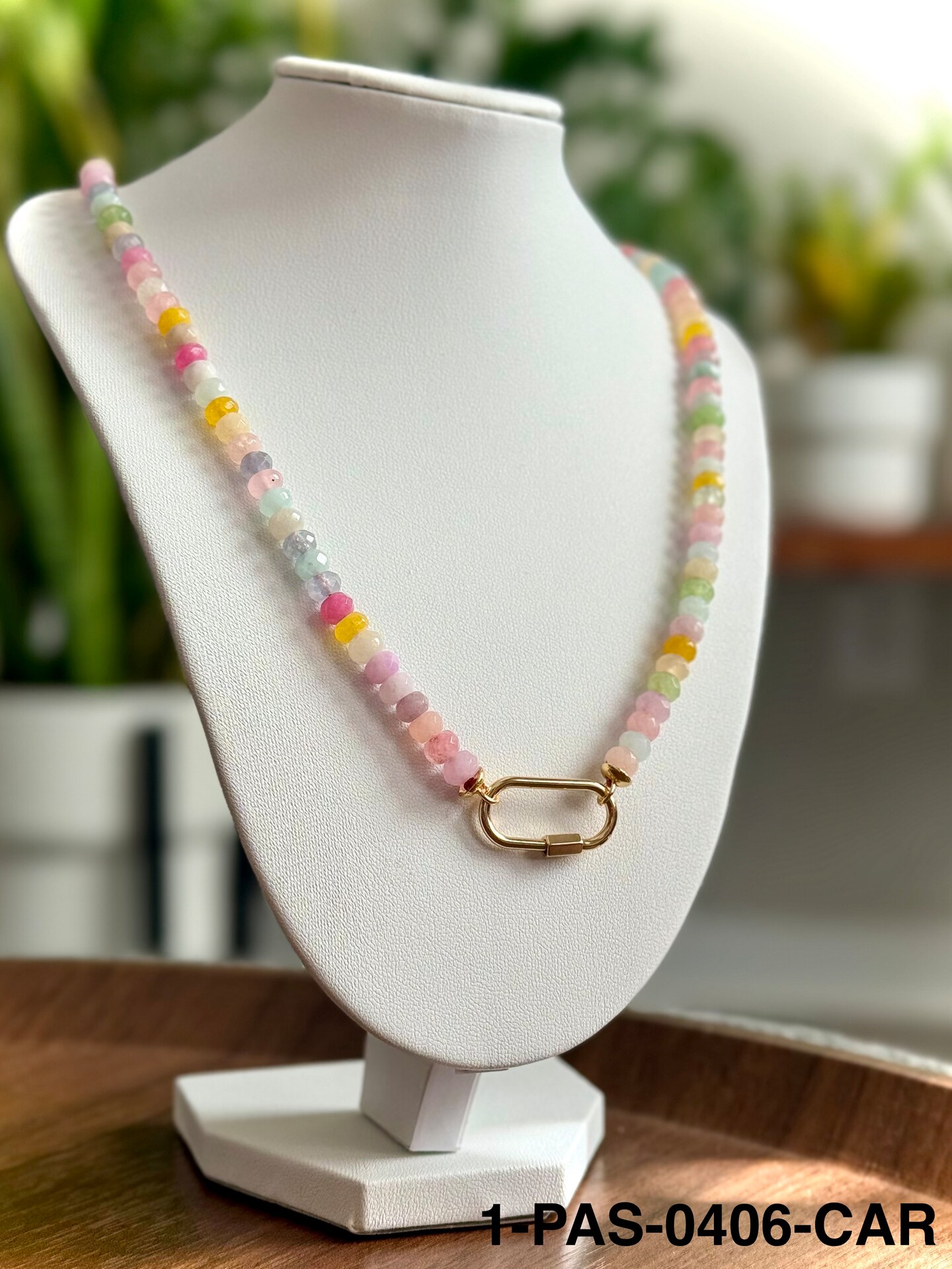 Jade 4x6mm Beaded Necklace with Gold Tone Carabiner Clasp