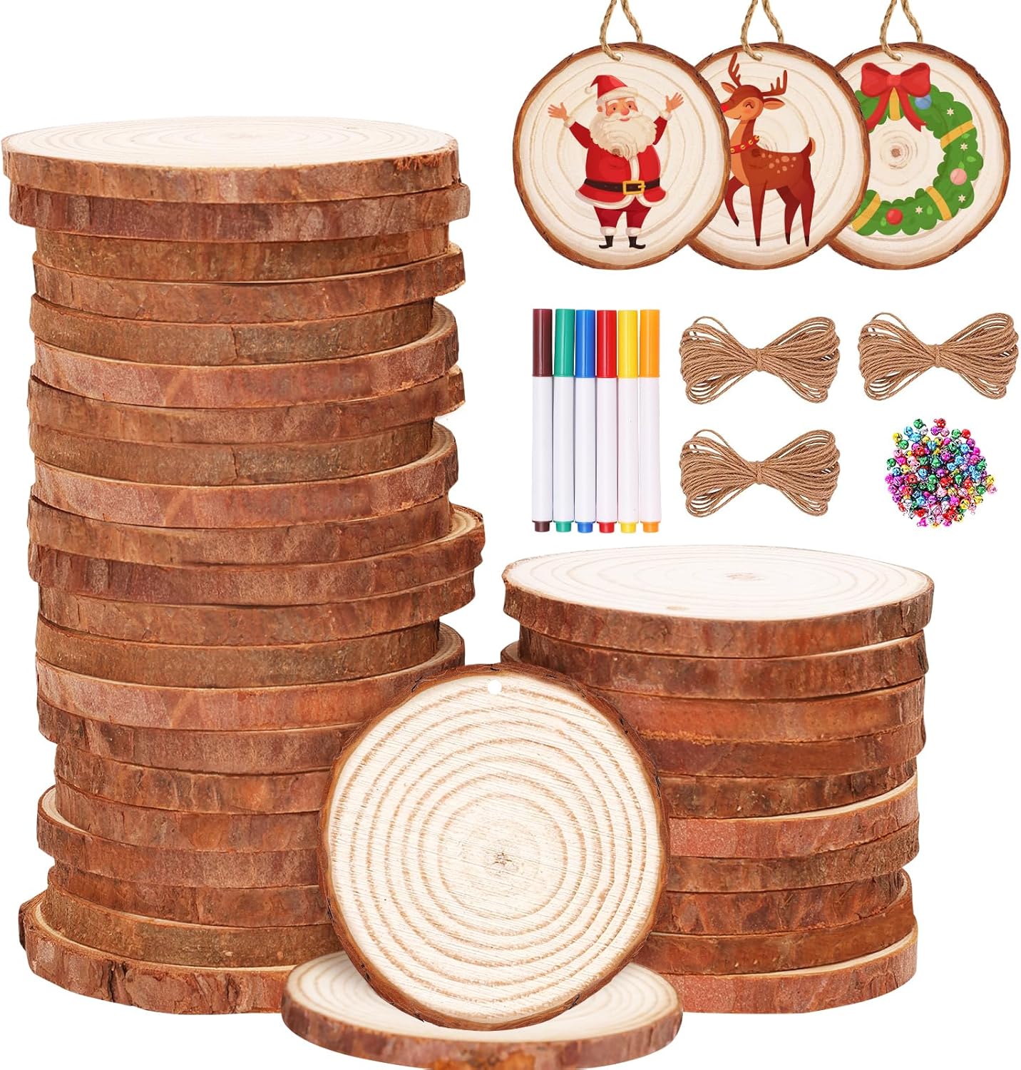 Natural Wood Slices 30Pcs 2.4-2.8&#x27;&#x27; Craft Wood Kit Christmas Ornaments Unfinished Predrilled with Hole Wooden Circles for Arts and Crafts Christmas Holiday Ornaments DIY Crafts