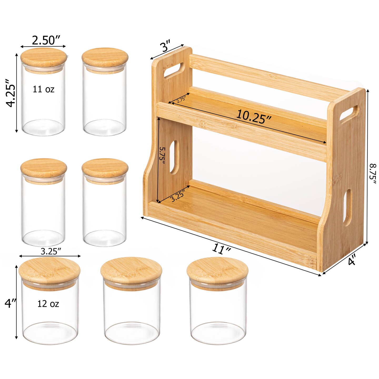 Basicwise Minimalist Two-Tier Bamboo Lazy Susan Turntable with 8 Pcs 12 oz Airtight Lid Glass Jars, Versatile Spice Rack Organizer, Perfect for Kitchen Countertops, Dining Tables, and Pantry Cabinets