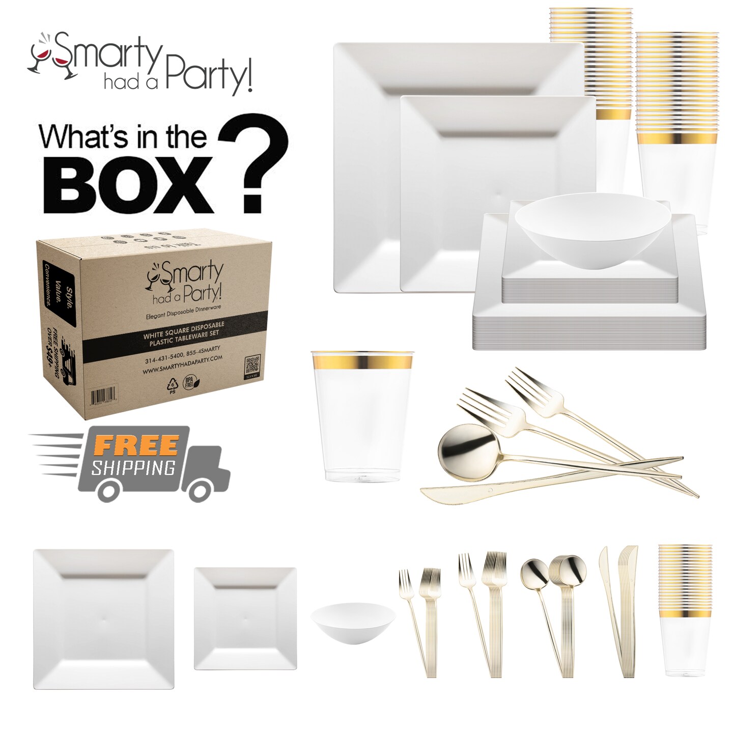 White Square Disposable Plastic Tableware Set (120 Settings)