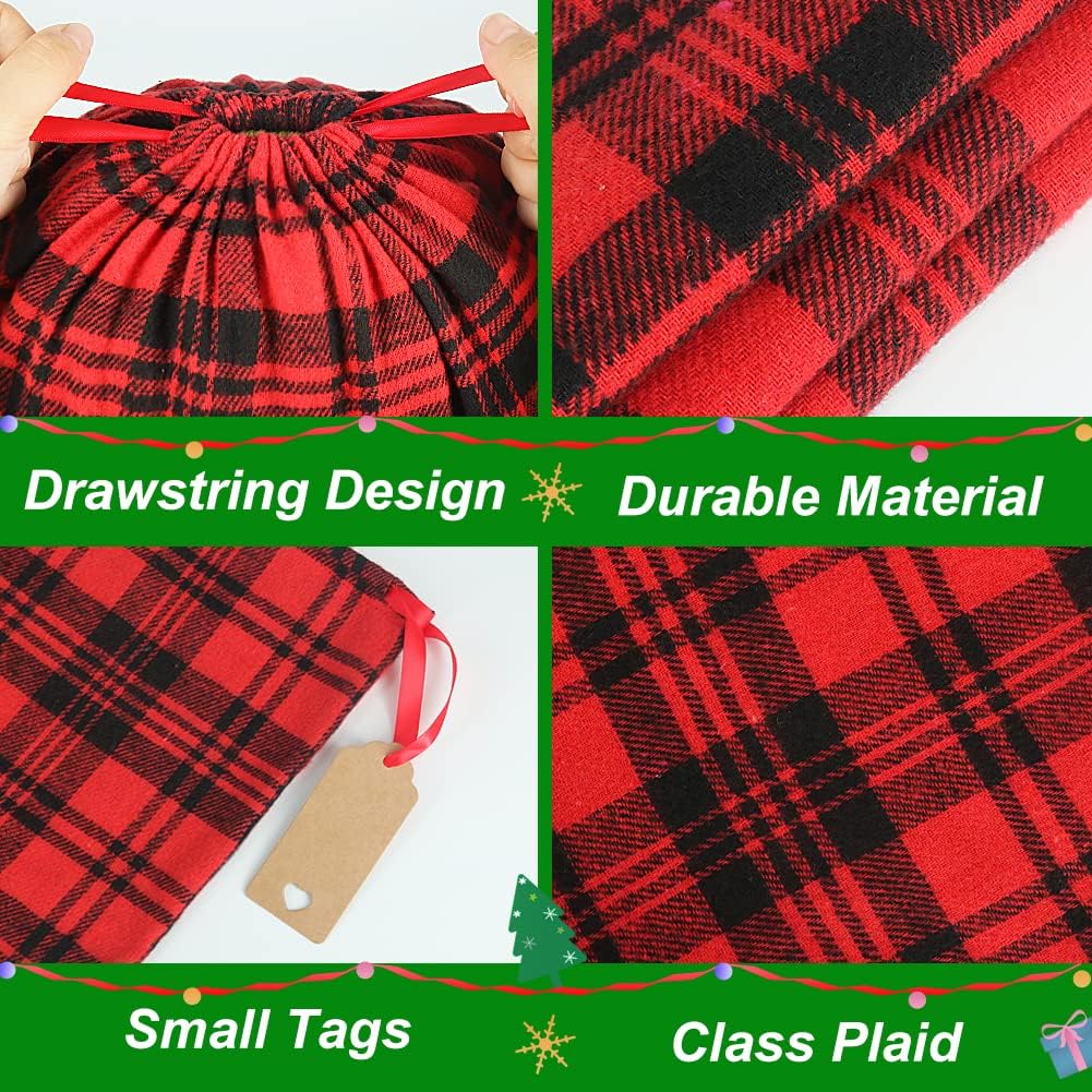 Buffalo Plaid Drawstring Bags, 9Pcs Soft Flannel Christmas Gift Bags Assorted Sizes Christmas Fabric Bags Reusable Christmas Gift Bags for Christmas Package Birthday Holiday Party(Red&Black)