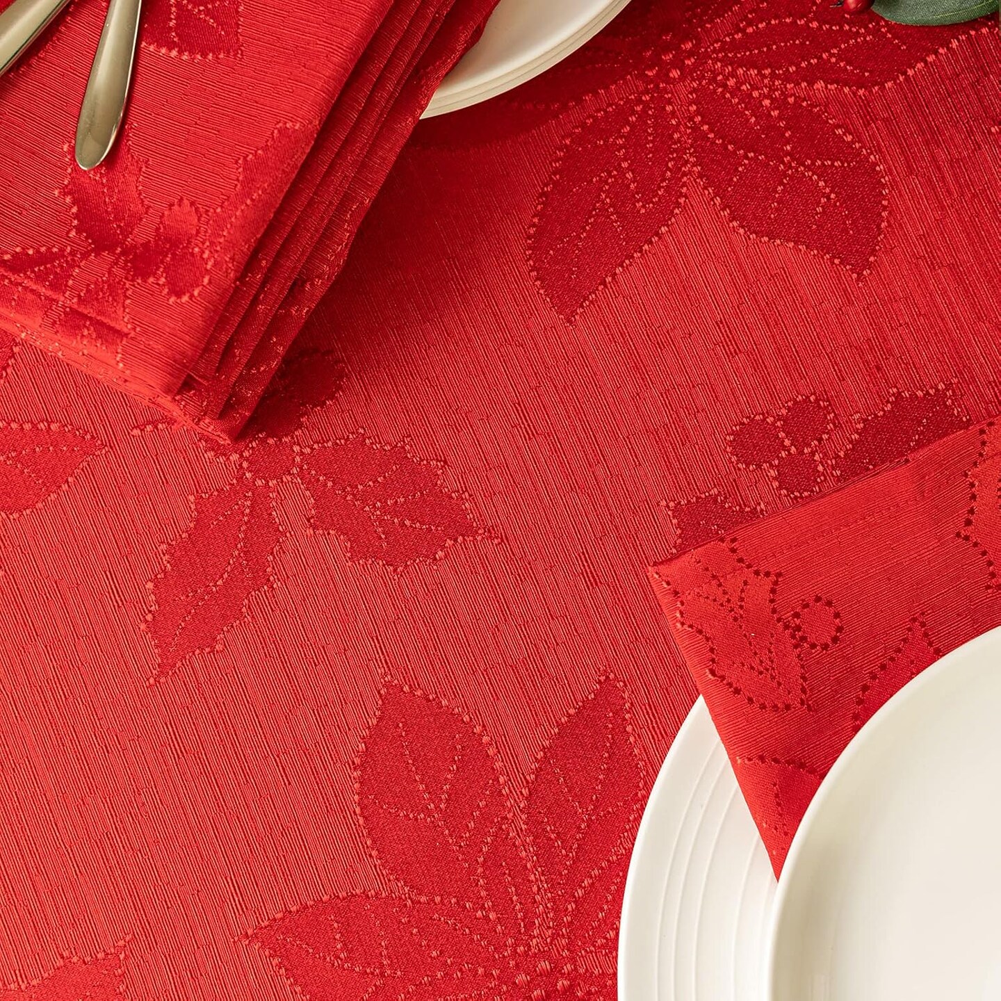 Poinsettia Legacy Damask Fabric Table Cloth, Holiday, Winter, and Christmas Tablecloth (Red, 60" X 102" Rectangular)