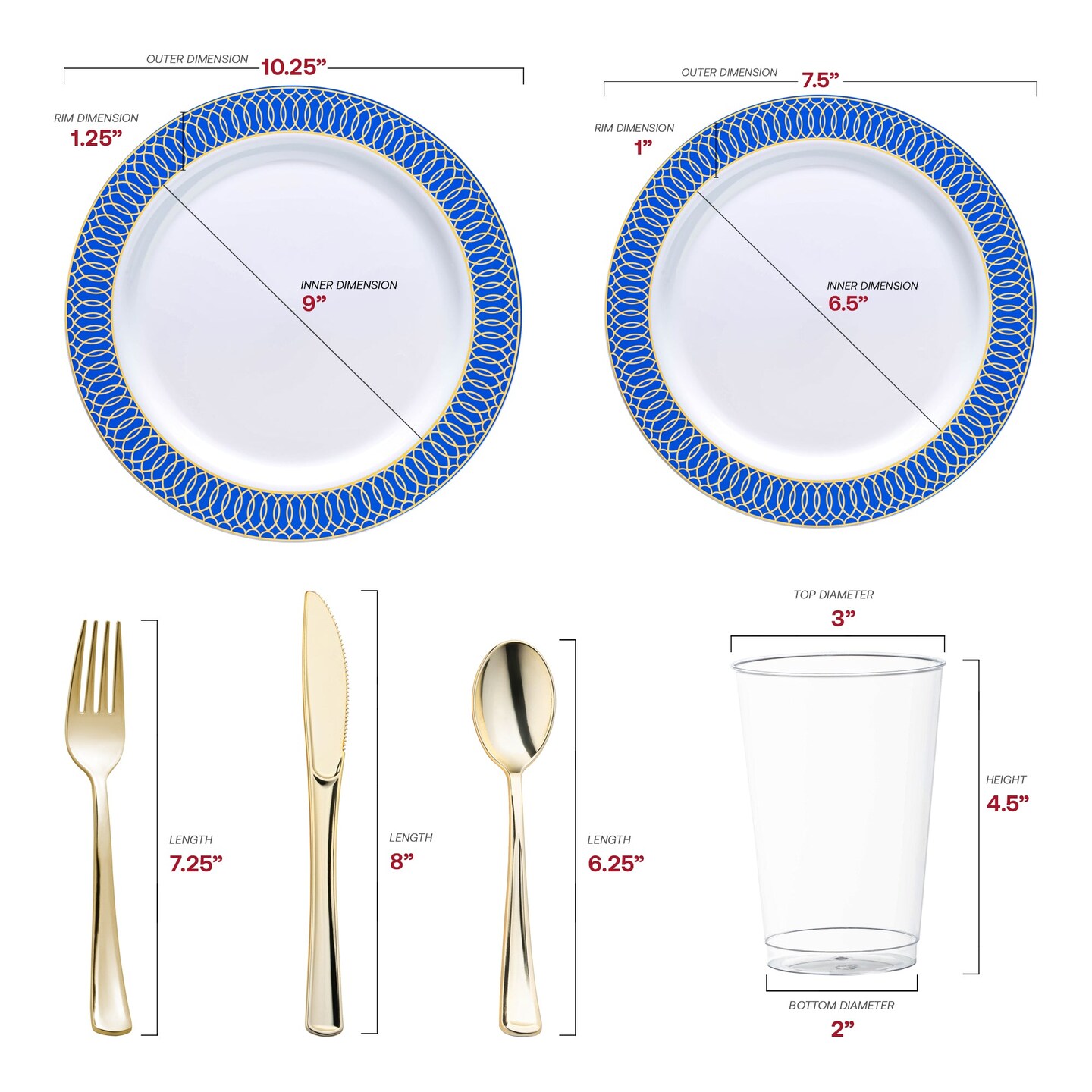 White with Gold Spiral on Blue Rim Plastic Wedding Value Set (120 Settings)