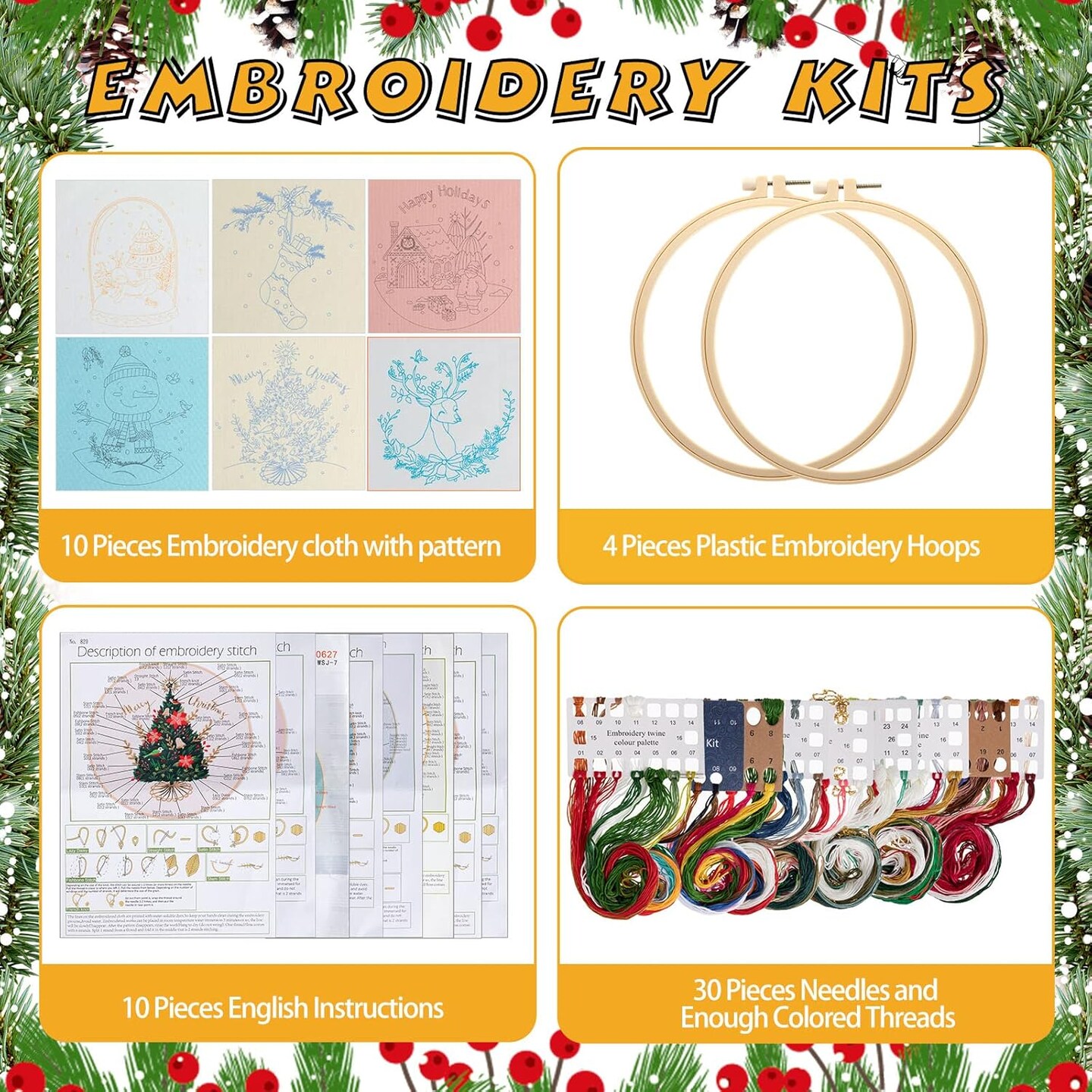 10 Sets Embroidery Kit with Patterns and Instructions DIY Adult Beginner Embroidery Kits for Beginners Adults Embroidery Supplies (Christmas Style)