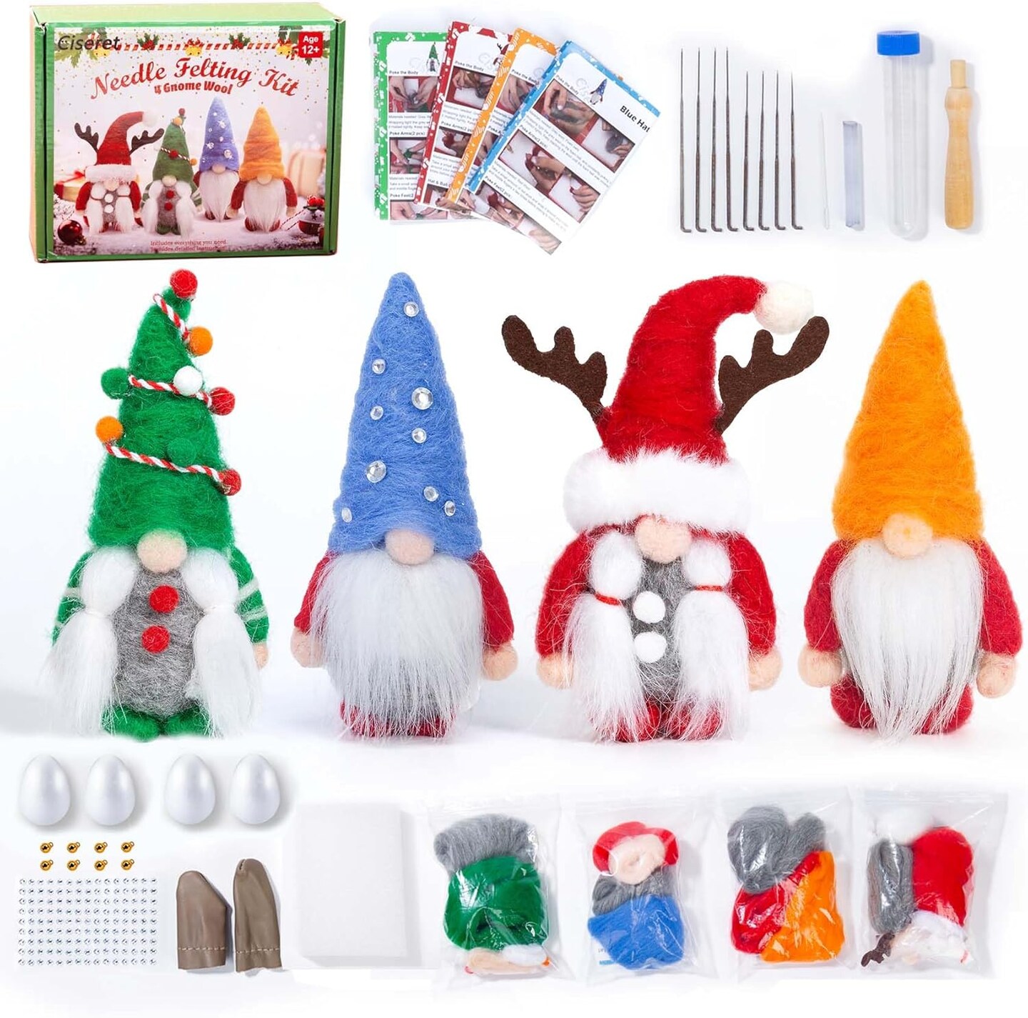 Needle Felting Kit - 4 Pcs Christmas Gnome Needle Felting Kits for Beginners, Needle Felting Starter Kit with Basic Felt Tools, DIY Wool Needle Felting Supplies for Christmas Festival Crafts
