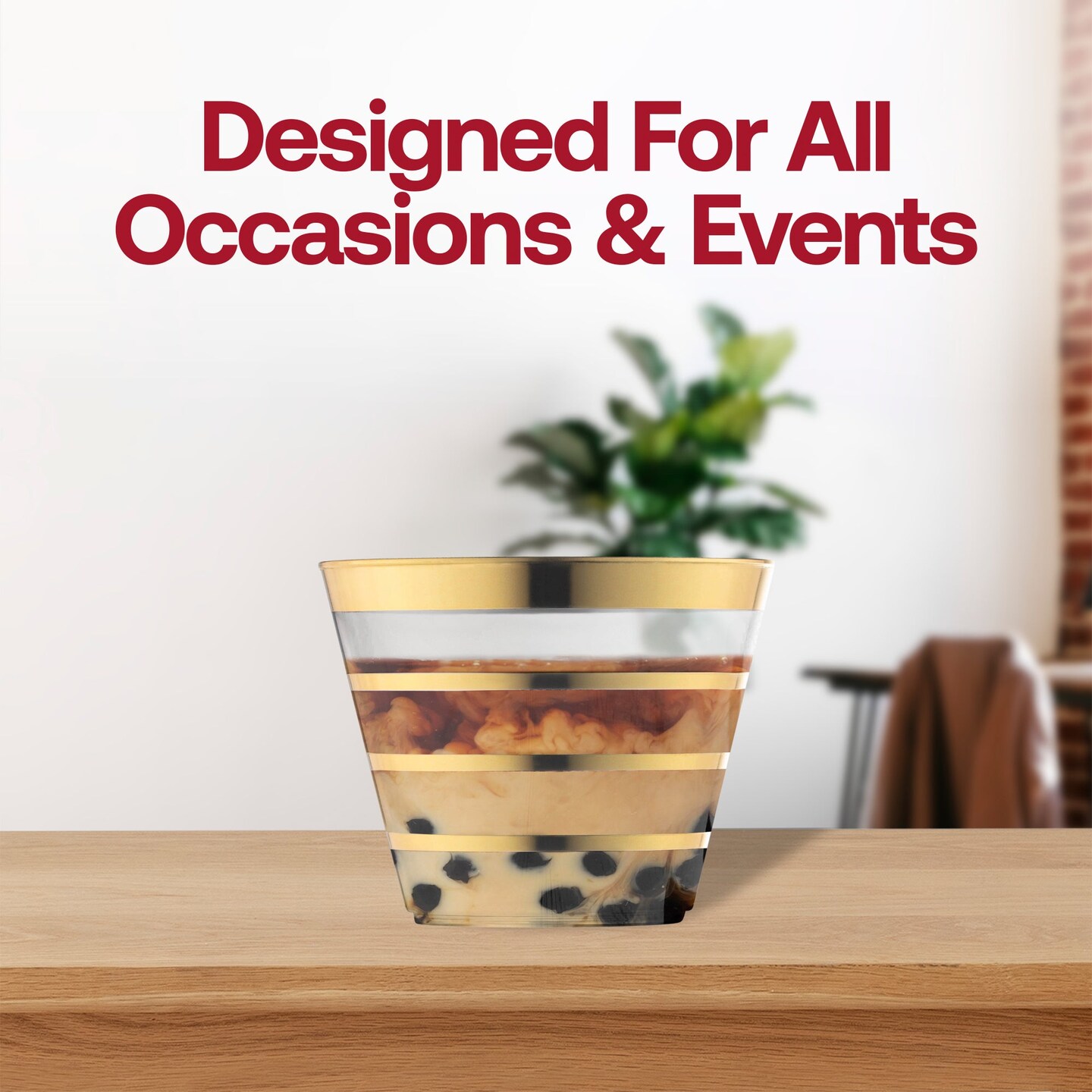 Clear with Gold Stripes Round Disposable Plastic Party Cups - 9 oz. (240 Cups)