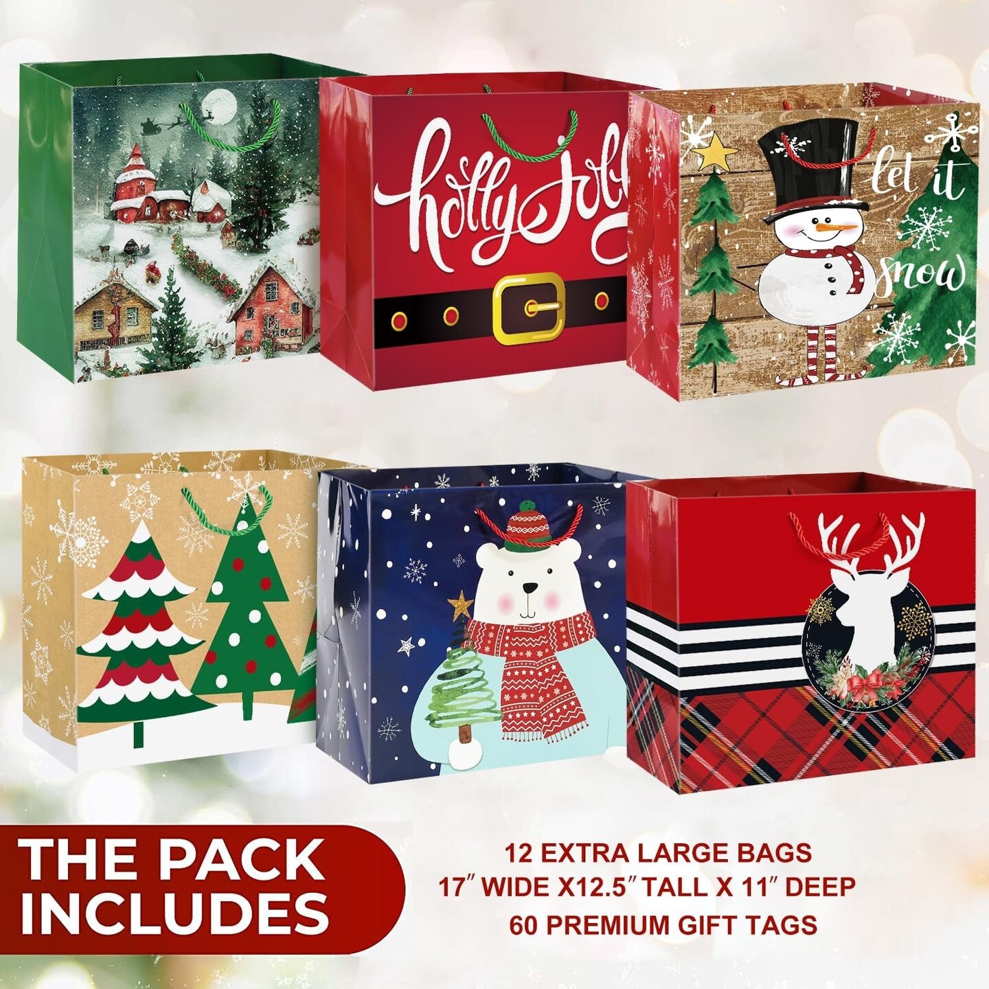 12 Extra Large Christmas Gift Paper Bags Bulk with Handles and 60 Count Christmas Gift Tags-6 Designs Jumbo Oversized Sacks Set for Wrapping Gaint Xmas Holiday Presents