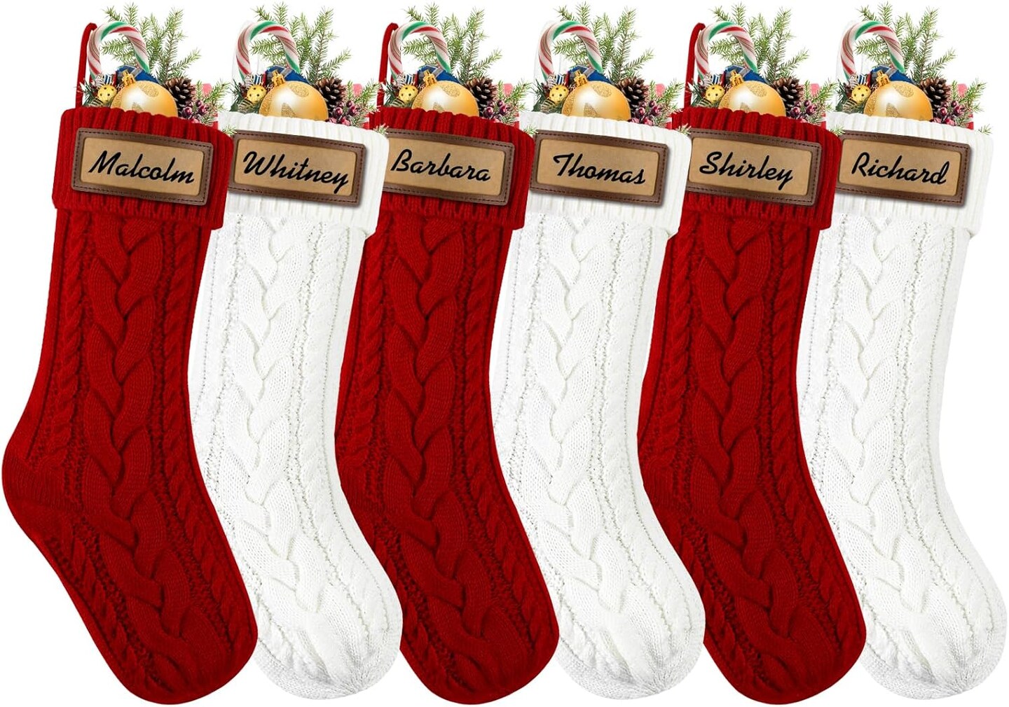 6 Pack Personalized Christmas Stockings, 18in Large Knitted Xmas Hanging Stocking Set Decoration with Leather Patches Custom Name for Holiday Christmas Family Decor (Red and White)