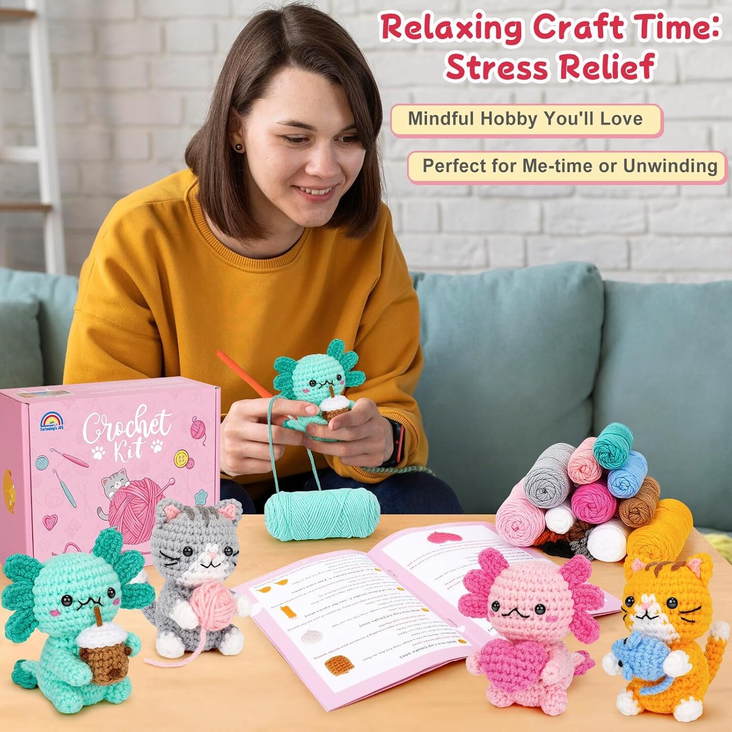 Crochet Kit for Beginners, Axolotls & Cat Crochet Kit for Adults Beginner, Complete Crochet Animals Starter Kit with Step-by-Step Video Tutorials, Easy Knitting Kit Cat Crafts Gifts