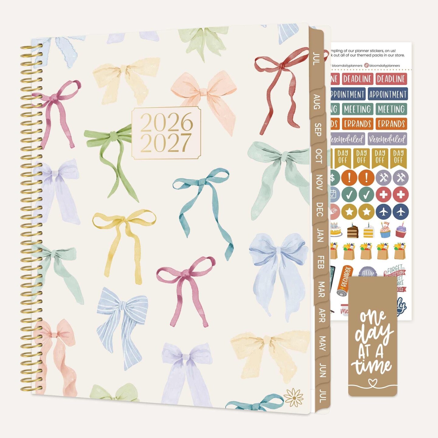 bloom daily planners 2026-2027 Academic Planner, 13 Month Soft Cover Monthly & Weekly, 8.5" x 11", Stickers Included, Bows