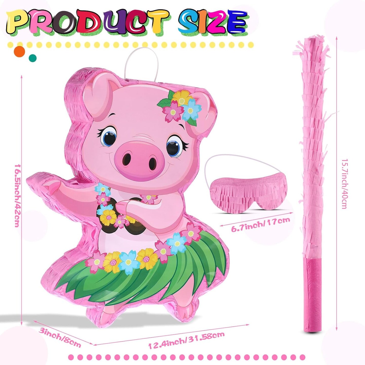 Small Pig Piñata Aloha Luau Party Decorations Pink Pig Piñata with Blindfold Stick for Hawaii Summer Tiki Tropical Themed Birthday Party Supplies 16.5 x 12.4 x 3.1 Inch