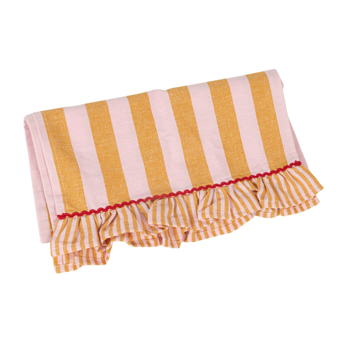 Hello Honey Woven Cotton Striped Table Linens with Ruffle & Ric Rac Trim