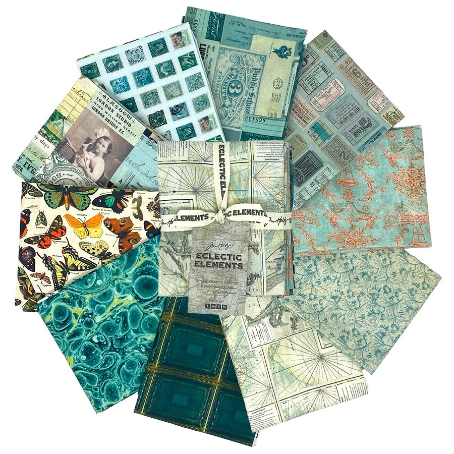 Eclectic Elements Palette Fat Quarter Bundle in Teal by Tim Holtz for Free Spirit (FB4FQTH.TEAL)