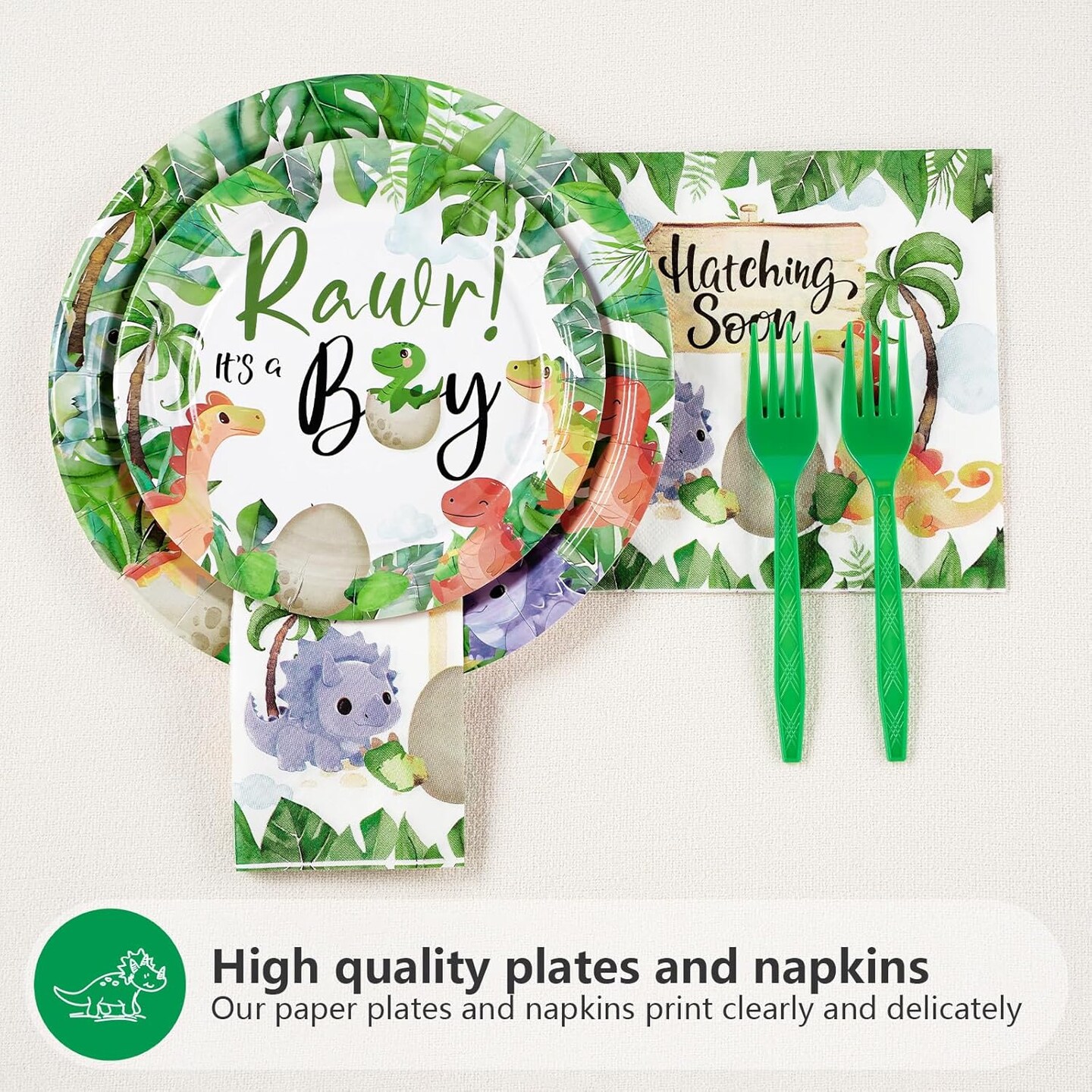 96Pcs Dinosaur Baby Shower Party Decorations & Tableware Sets - Serves 24