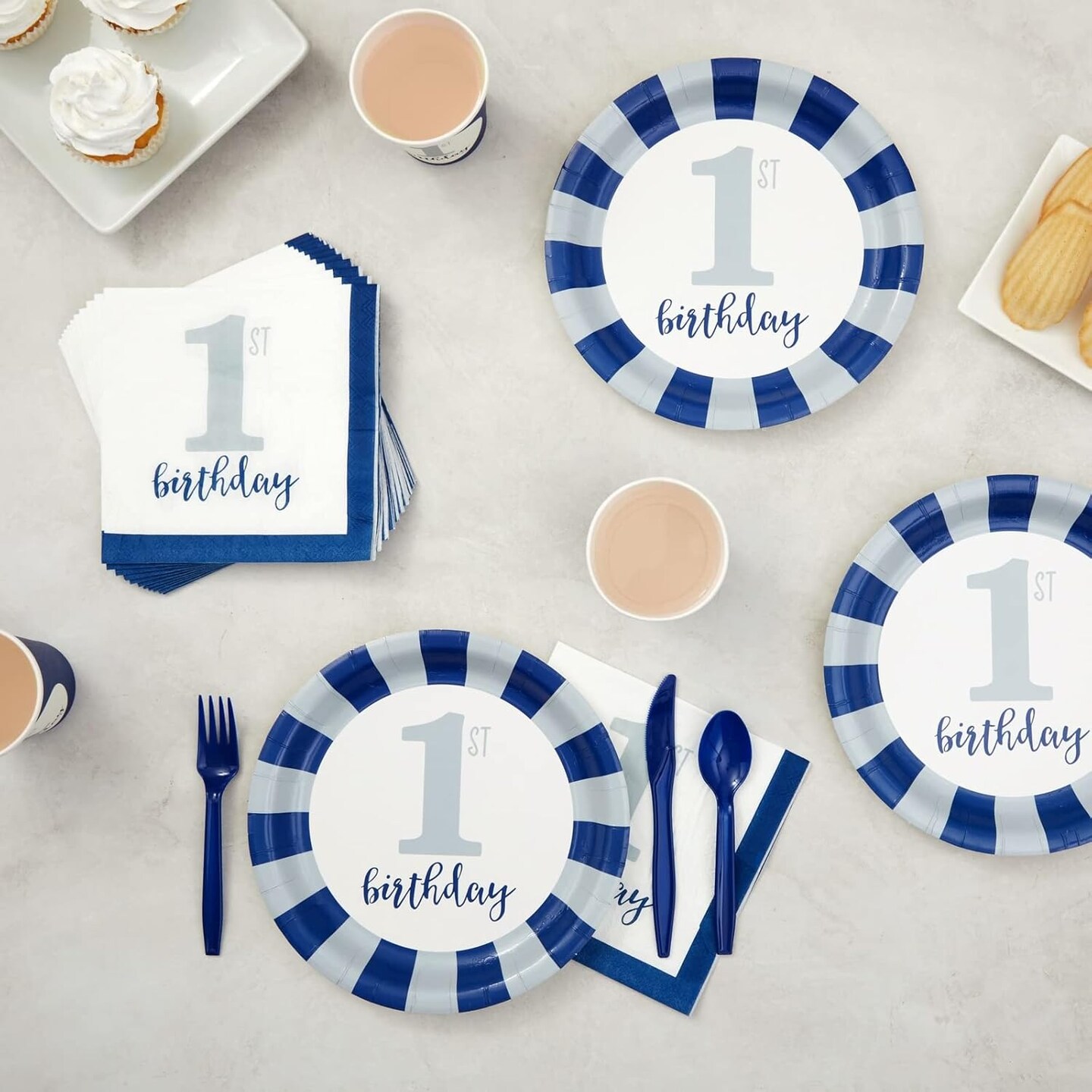 144-Piece Baby First Birthday Decorations and Tableware Sets - Nautical Blue (Serves 24)