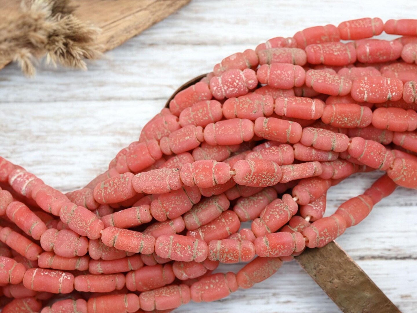 14x8mm Rustic Aged Coral Pink Indonesian Java Glass &#x22;Bottle&#x22; Beads (18&#x22; Strand)