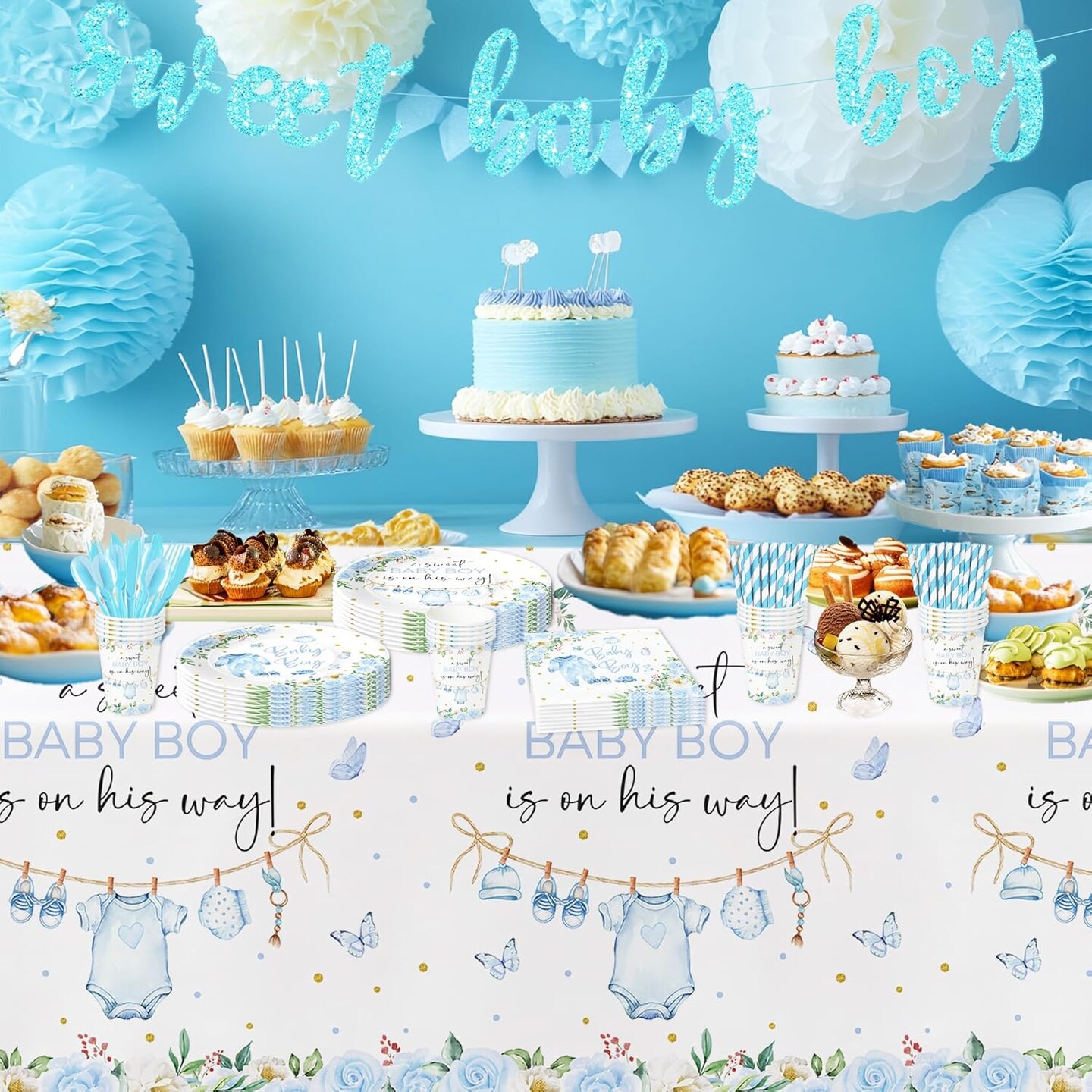 Boy Blue Floral Baby Shower Decorations & Tableware Set – Serves 24 Guests (Blue)