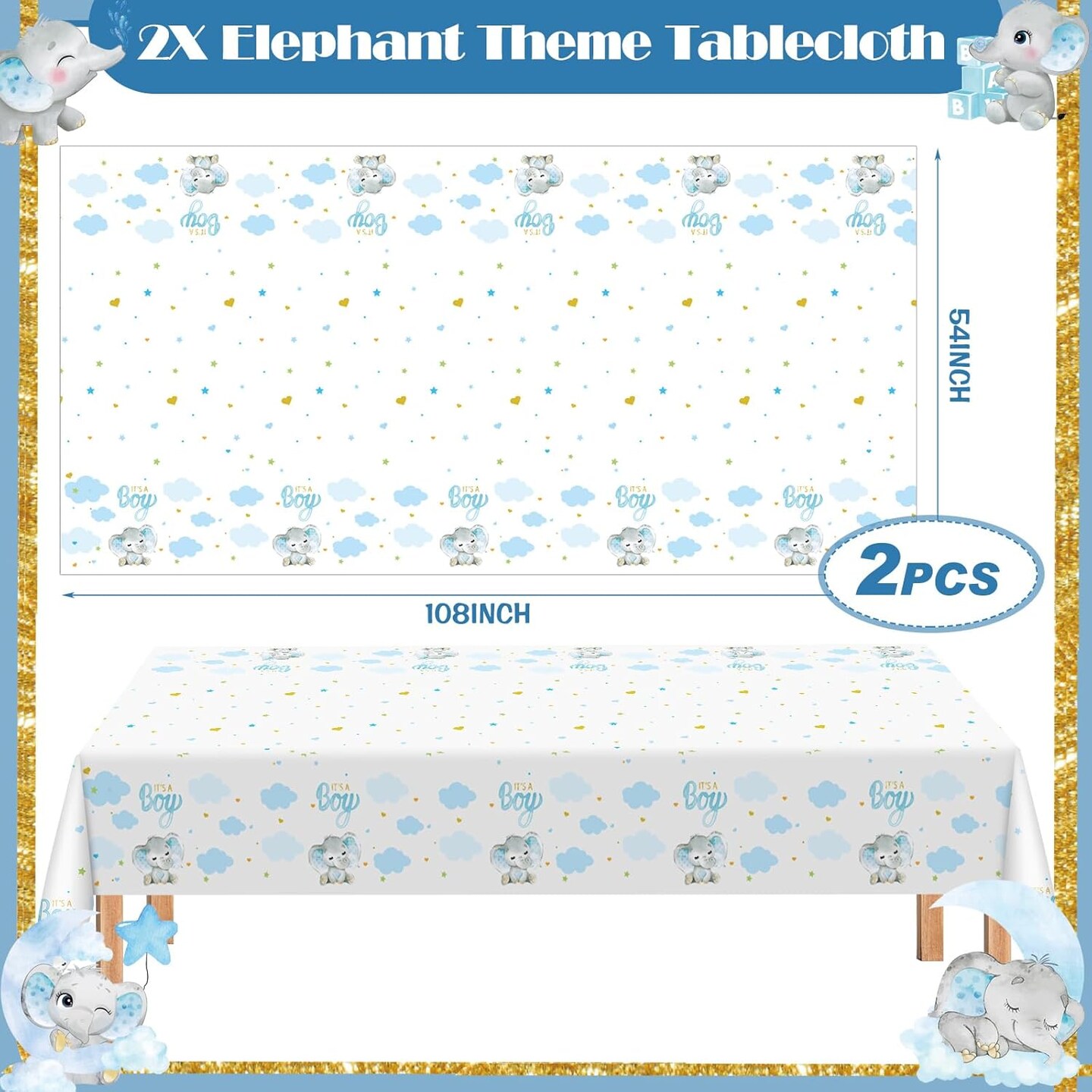 405 Pcs Baby Shower Tableware & Decor Set - Serves 50 Guests (Blue, Elephant)