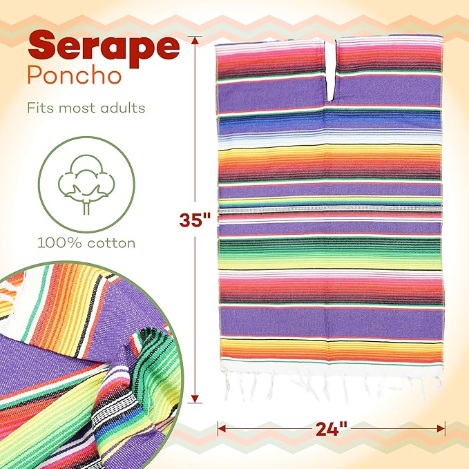 4E&#x27;s Novelty Mexican Serape Poncho with Sombrero Hat Costume &#x2013; Cinco De Mayo Outfit, Fiesta Party Dress Up Accessories