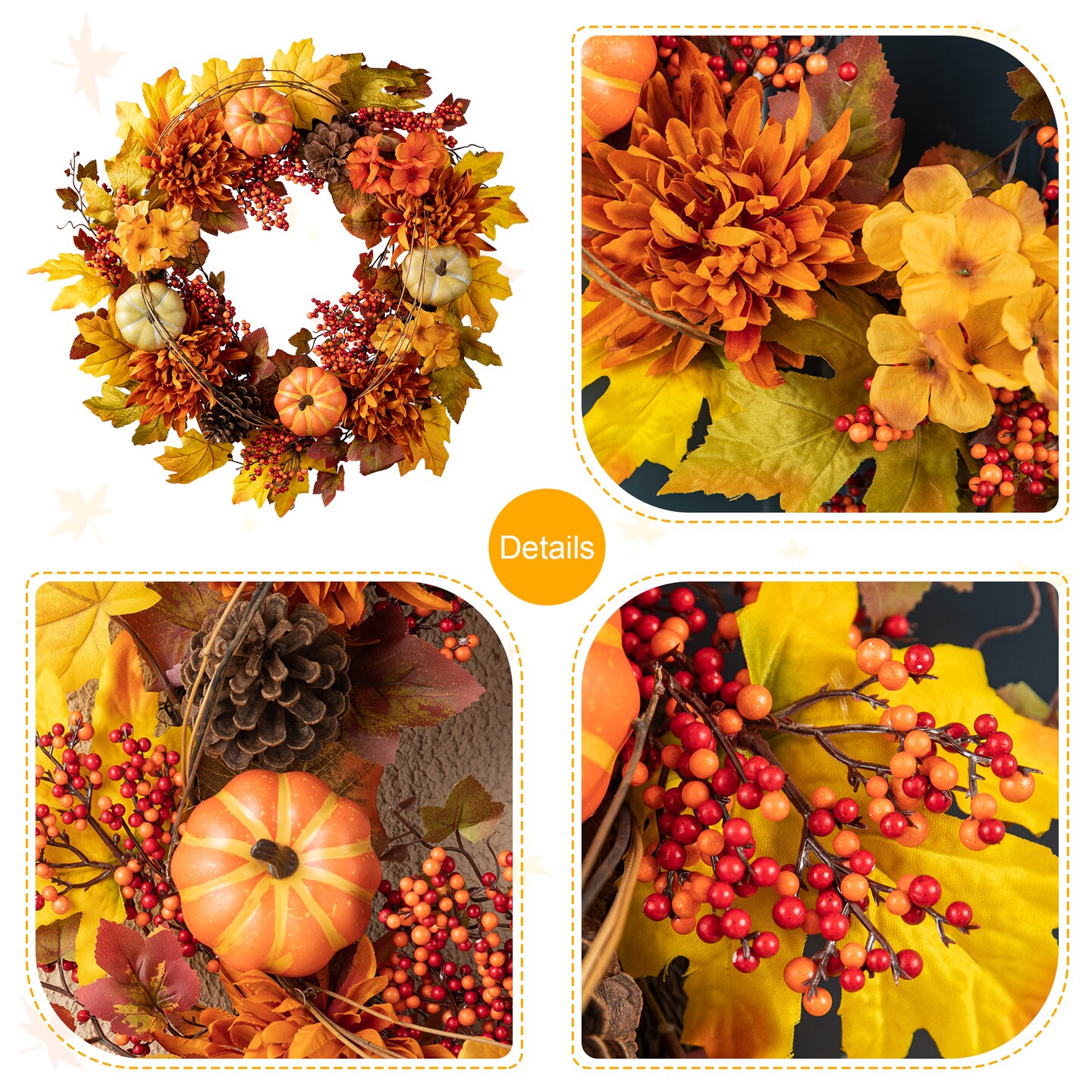 Set of 2 24"D Fall Dahlia Pumpkin, Leaf and Berry Wreath Includes a Complimentary Black Metal Wreath Hanger