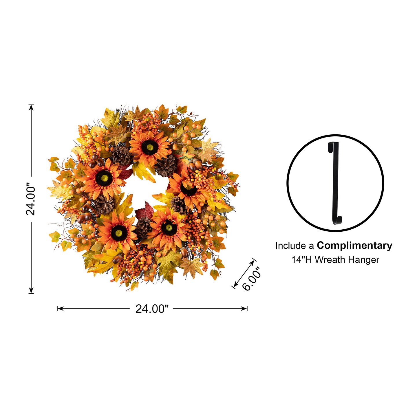 Set of 2 24&#x22;D Fall Sunflower, Maple Leaf and Berry Wreath
