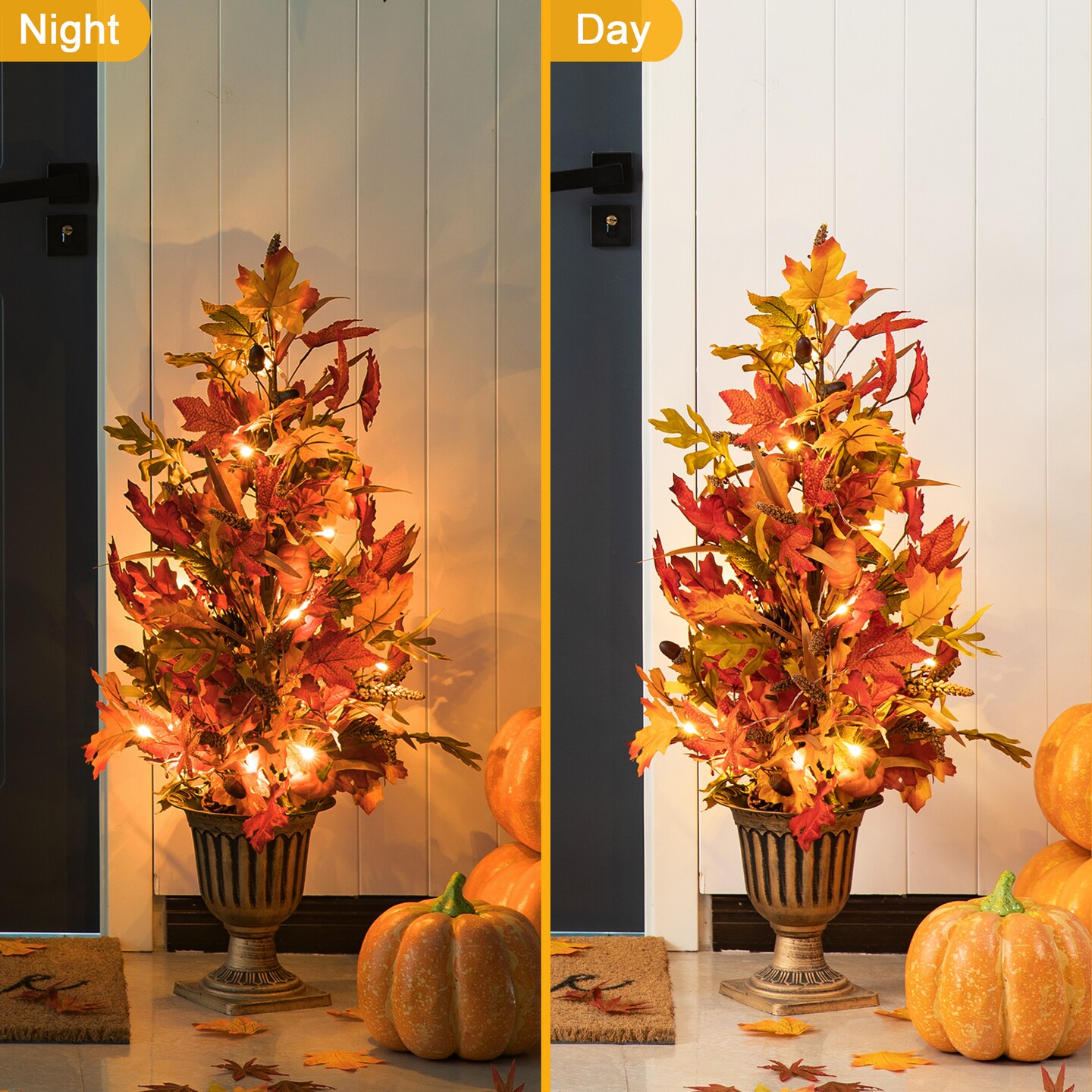 Set of 2 36&#x22;H Fall Lighted Maple Leaves Urn Potted Porch Tree with Timer, 20 Warm White Lights