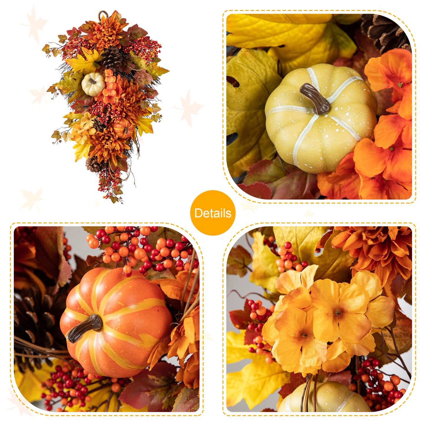 Set of 2 27&#x22;H Fall Dahlia Pumpkin, Leaf and Berry Teardrop Swag