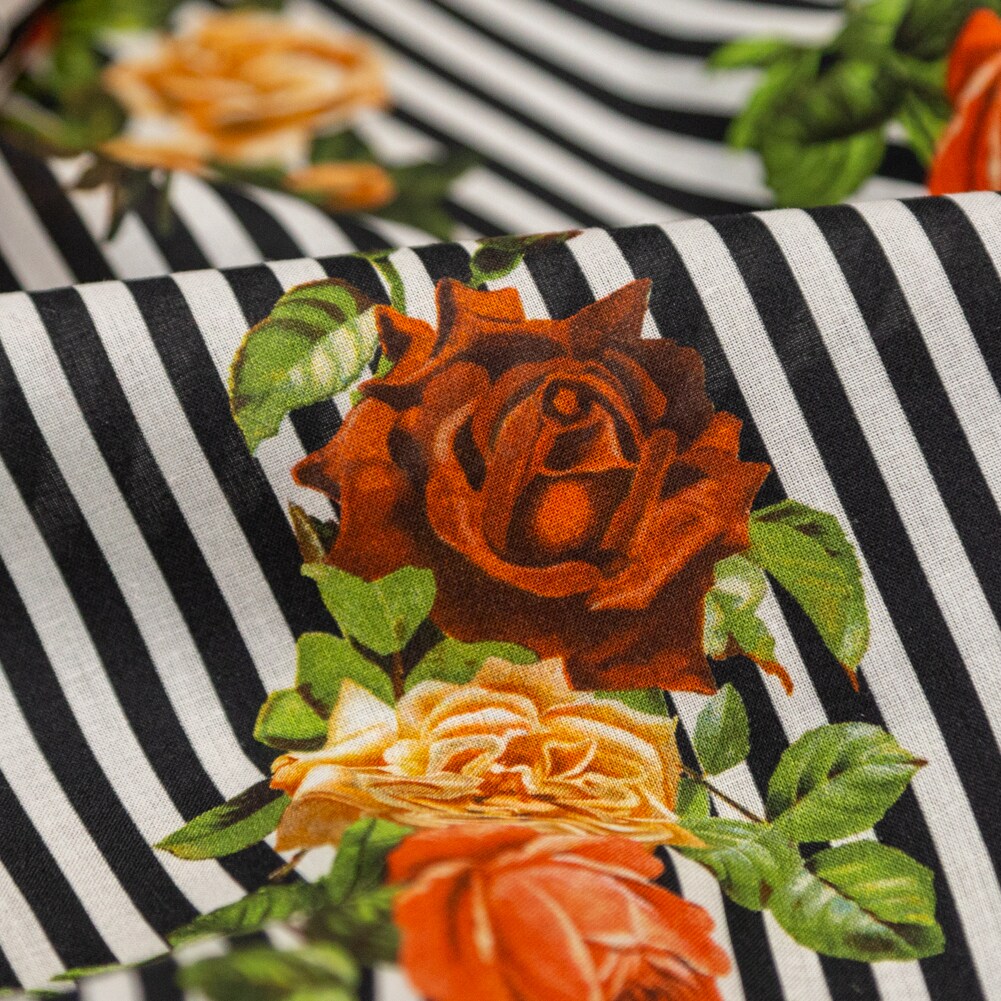 1 Yard Cotton Voile Fabric Roses on Stripes Haute Lines Print Fabric