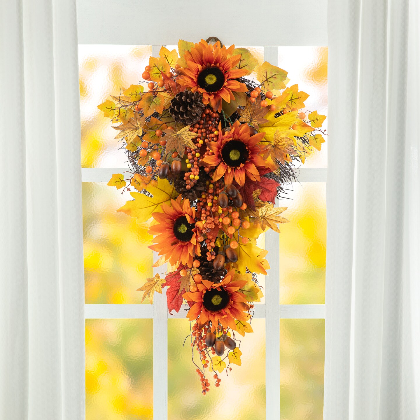 Set of 2 27&#x22;H Fall Sunflower, Maple Leaf and Berry Teardrop Swag