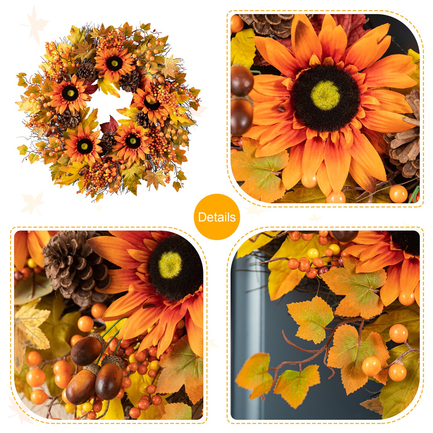 Set of 2 24&#x22;D Fall Sunflower, Maple Leaf and Berry Wreath