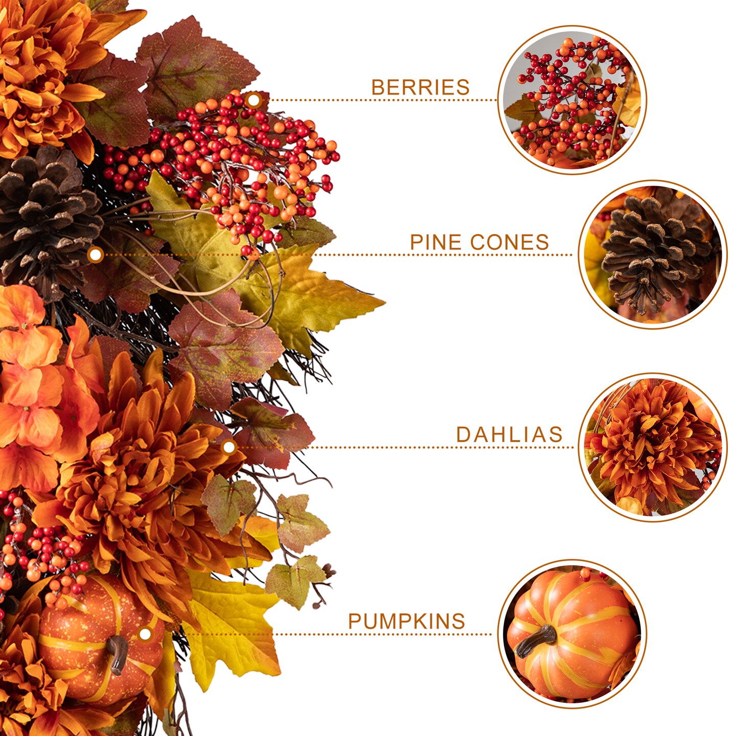 Set of 2 27&#x22;H Fall Dahlia Pumpkin, Leaf and Berry Teardrop Swag