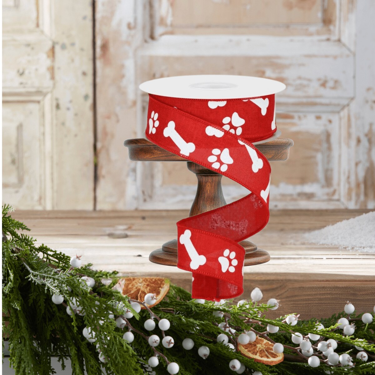 1.5&#x22; Paw Print Royal Ribbon: Red &#x26; White (10 Yards)