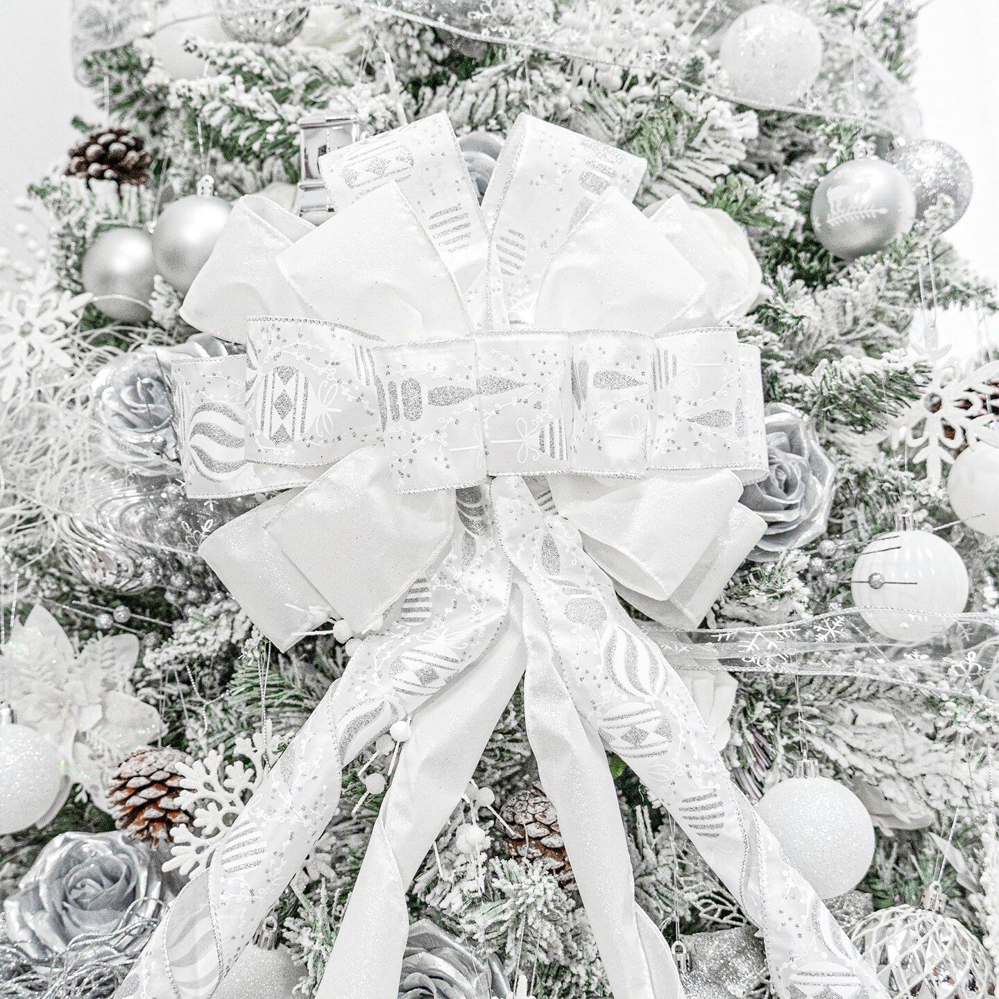Hismir Christmas Tree Topper Bow&#xFF0C;53x13 Inches Large Christmas Bow with Glitter Streamer and Patterned Ribbon&#xFF0C;Decorative Bows for Xmas Tree Wreath Door Festival Home Decor(White)