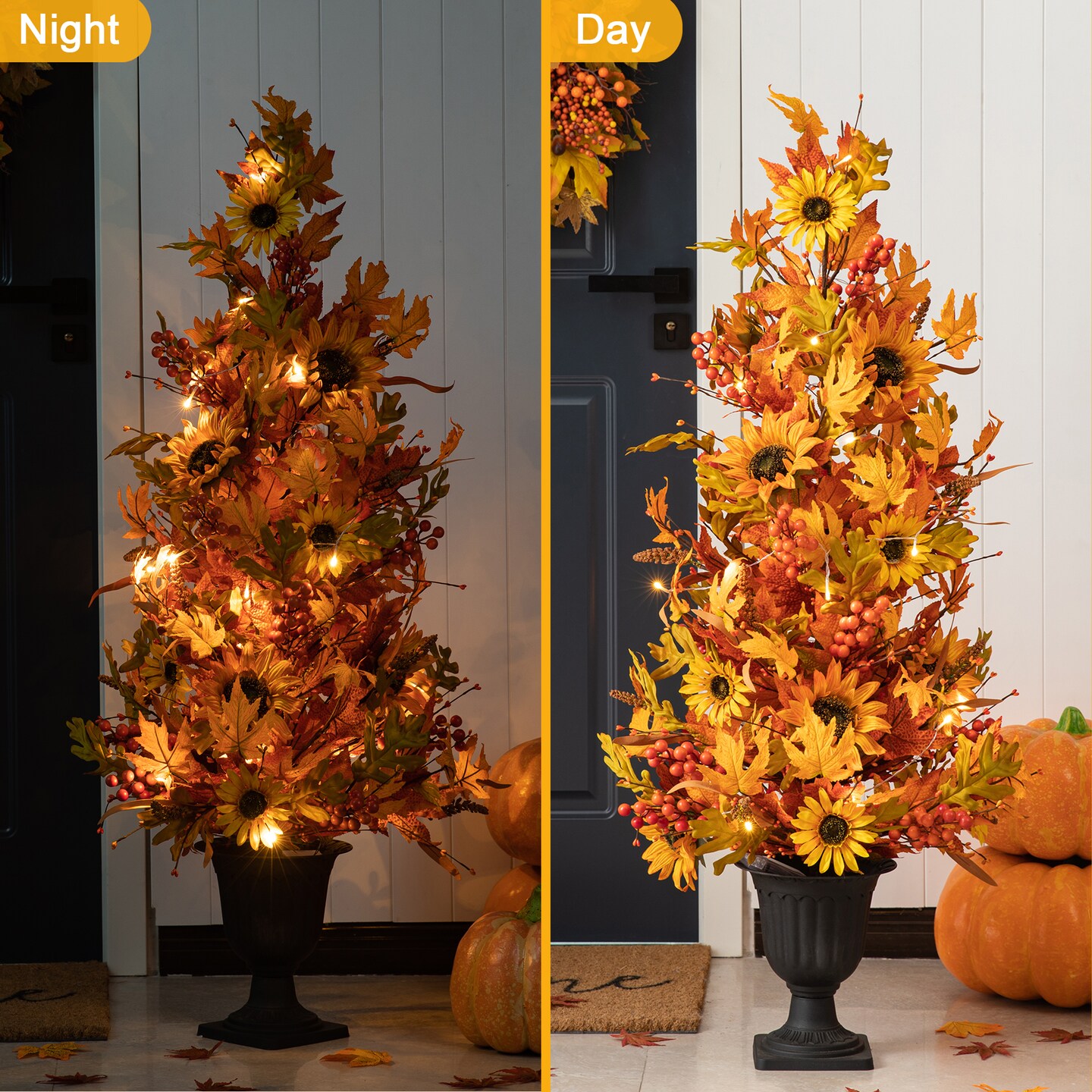 Set of 2 48"H Fall Lighted Maple Leaf and Sunflower Urn Porch Tree with Timer