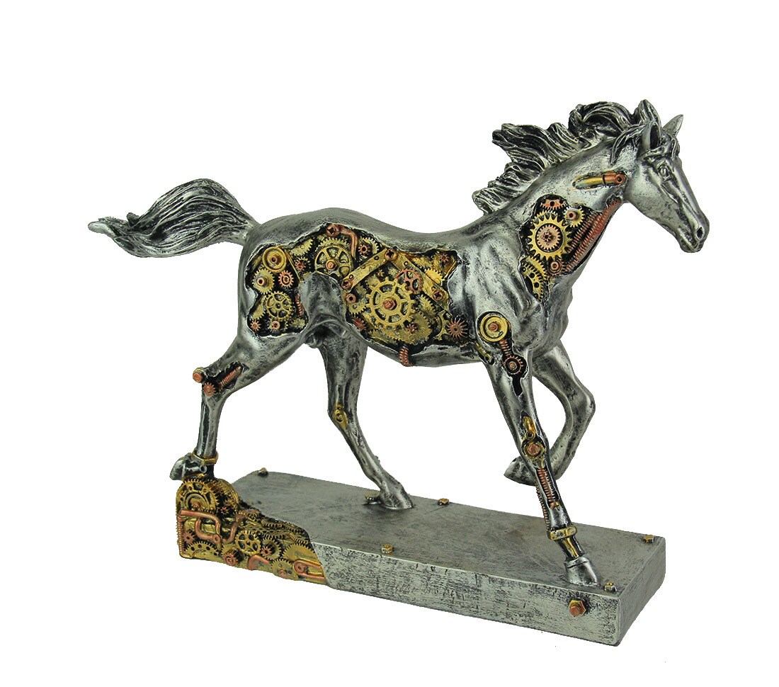 Steam Stallion Metallic Silver Running Steampunk Horse Statue