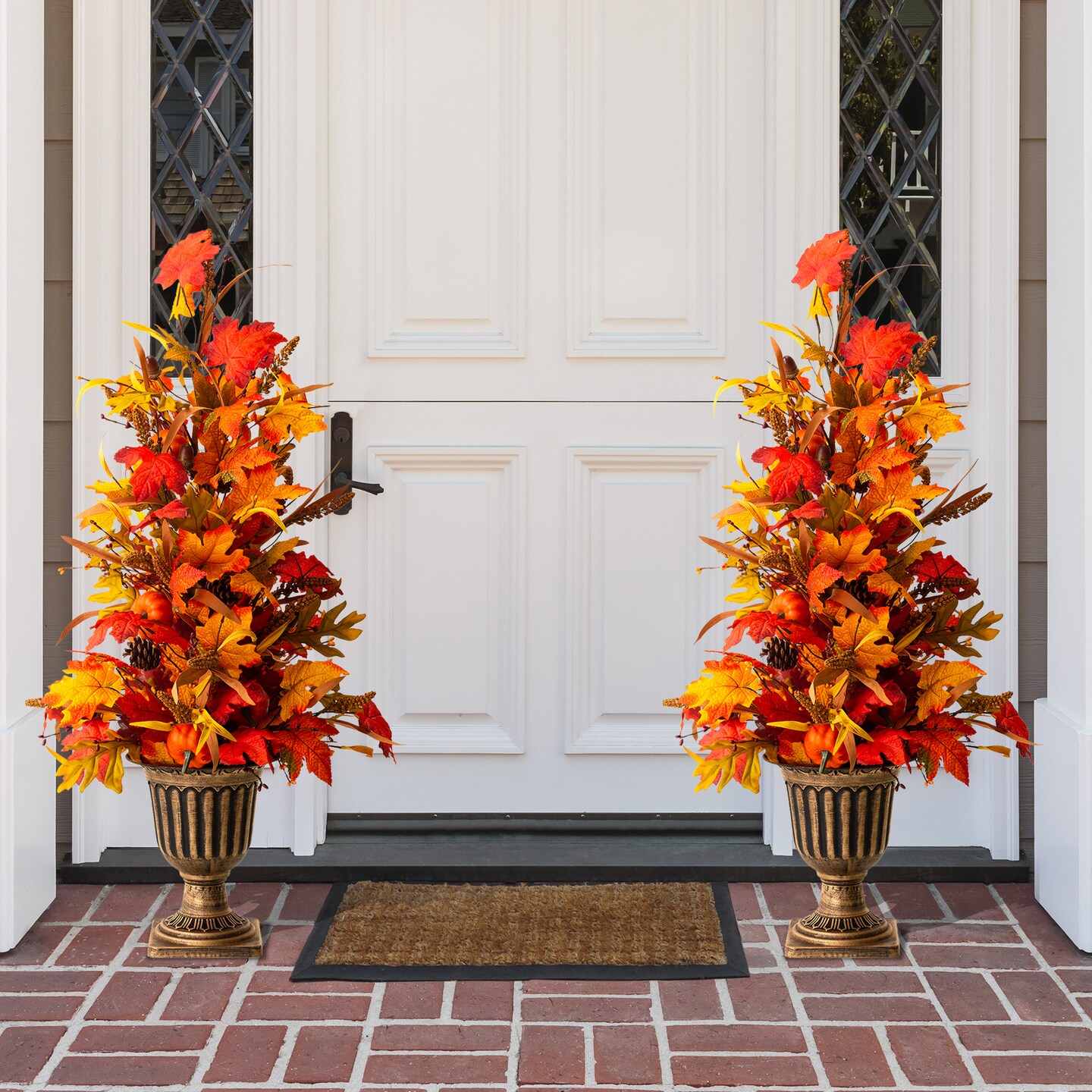 Set of 2 36"H Fall Lighted Maple Leaves Urn Potted Porch Tree with Timer, 20 Warm White Lights