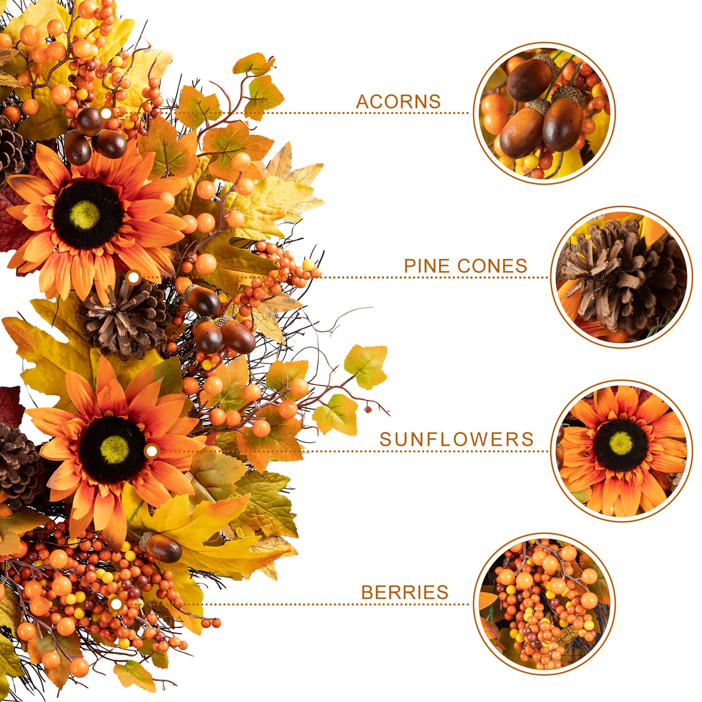 Set of 2 24&#x22;D Fall Sunflower, Maple Leaf and Berry Wreath