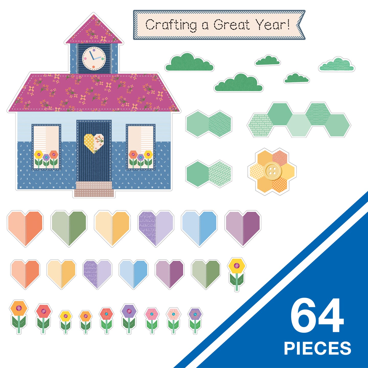 Carson Dellosa Crafty and Cool 64-Piece Crafting a Great Year Motivational Bulletin Board Set, School, Sun, Flowers, Heart Decorations, and More Classroom Decor
