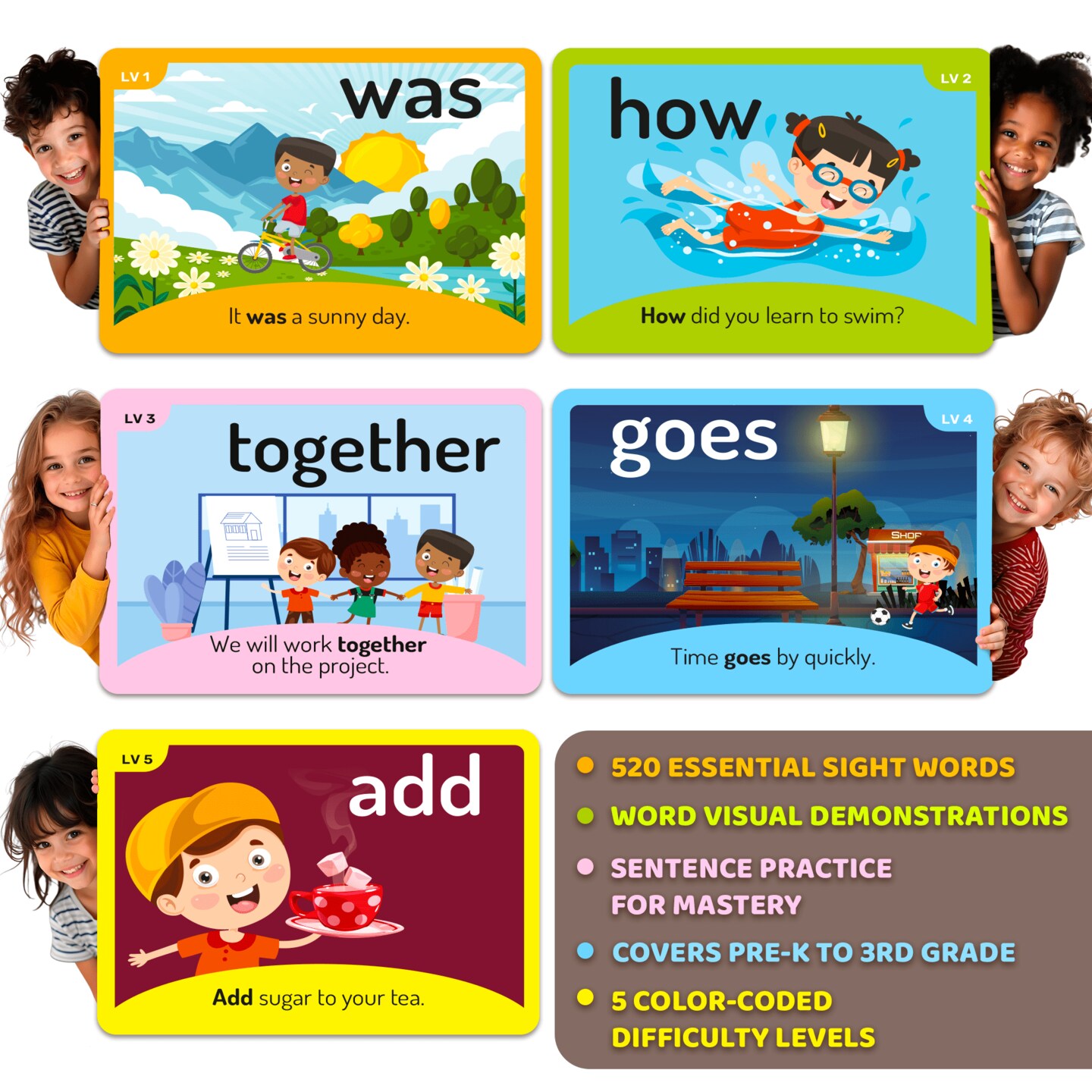 QUOKKA 520 Sight Words Flash Cards with Images & Sentences - Based on Dolch Sight Words Lists for Reading Fluency I Kindergarten Flash Cards for Pre-K to 3rd Grade I Color-Coded Vocabulary Cards